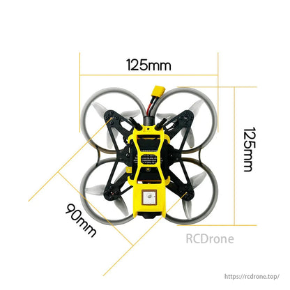DarwinFPV CineApe20, a 2-inch FPV drone with DJI O4/O4 Pro, GPS, 1103 motors, measures 125mm x 90mm.