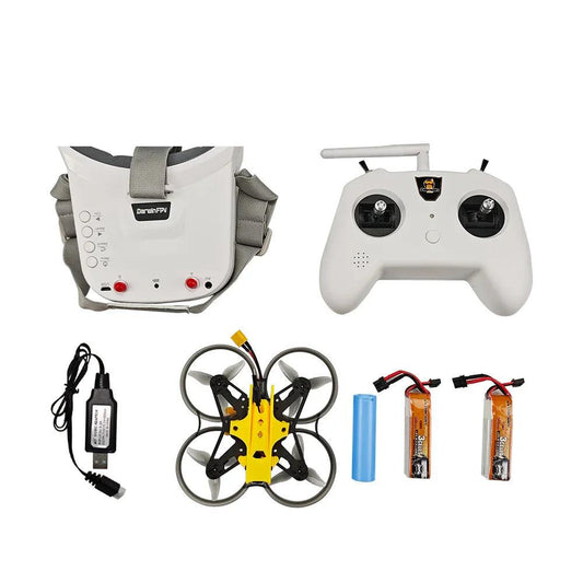 DarwinFPV FPV drone RTF kit with goggles, radio transmitter, charger, and batteries on white background