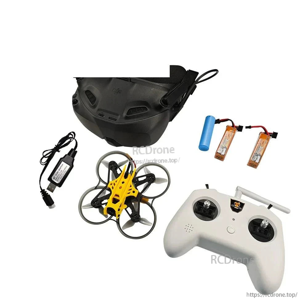 DarwinFPV kit set with black FPV goggles, yellow ducted quad, white controller, charger and batteries