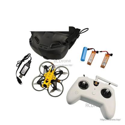 DarwinFPV kit set with black FPV goggles, yellow ducted quad, white controller, charger and batteries