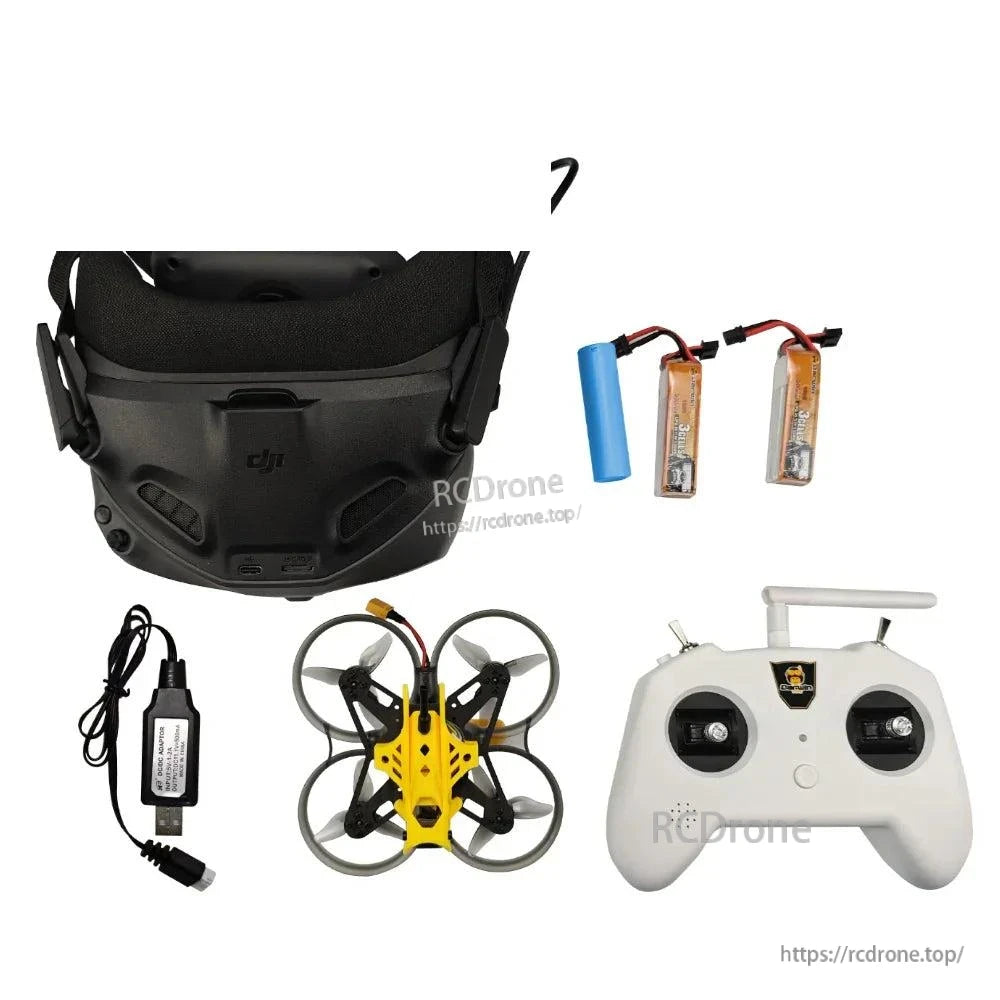 Front view of black DJI-branded FPV goggles with included controller, charger, yellow cinewhoop drone and batteries