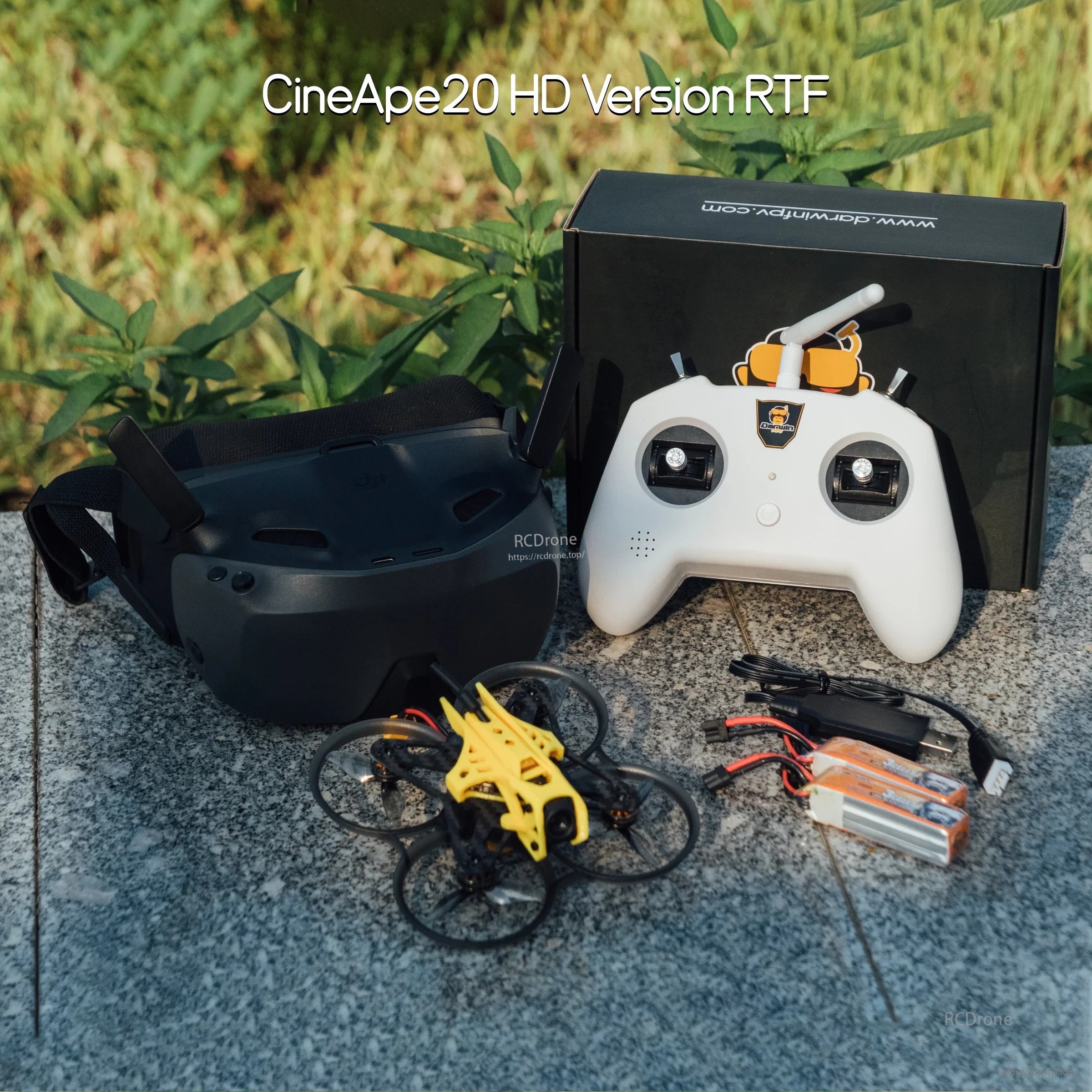 DarwinFPV CineApe20 HD Version RTF kit with drone, goggles, TX8 ELRS transmitter, batteries and charger