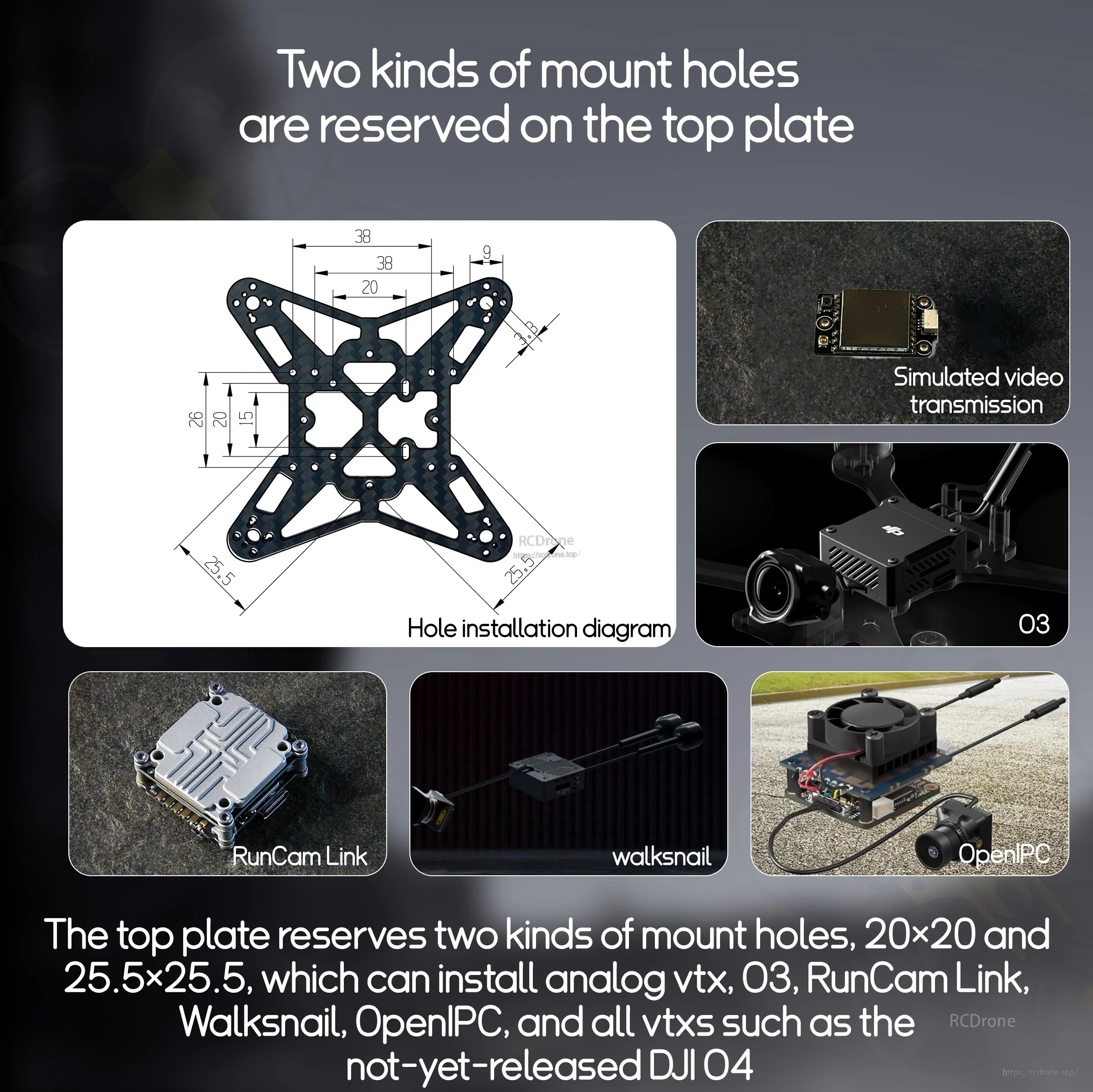 CineApe20 top plate mount holes diagram for 20x20 and 25.5x25.5 video system compatibility