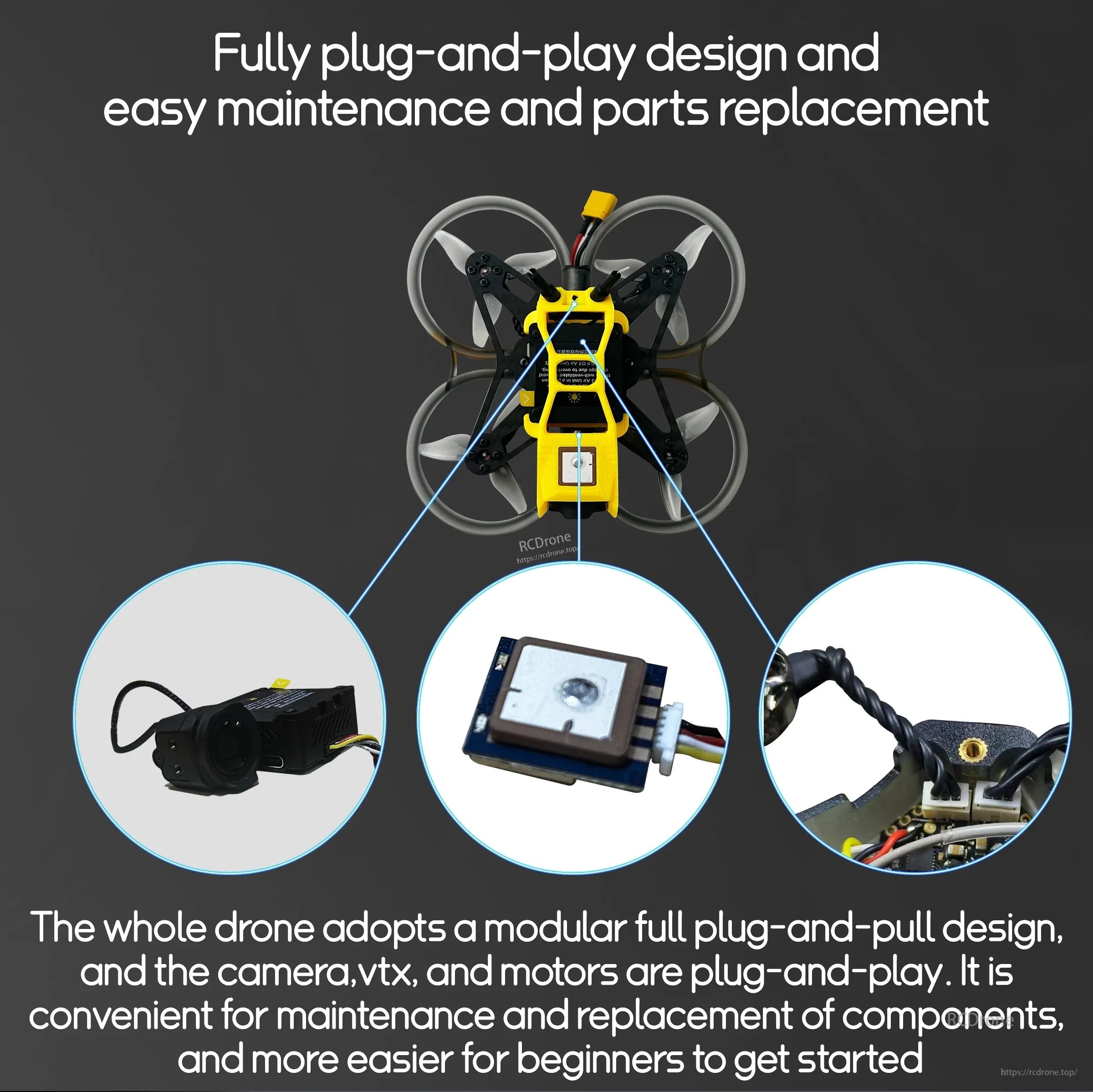 CineApe20 modular plug-and-play layout for camera, VTX and motors to simplify maintenance