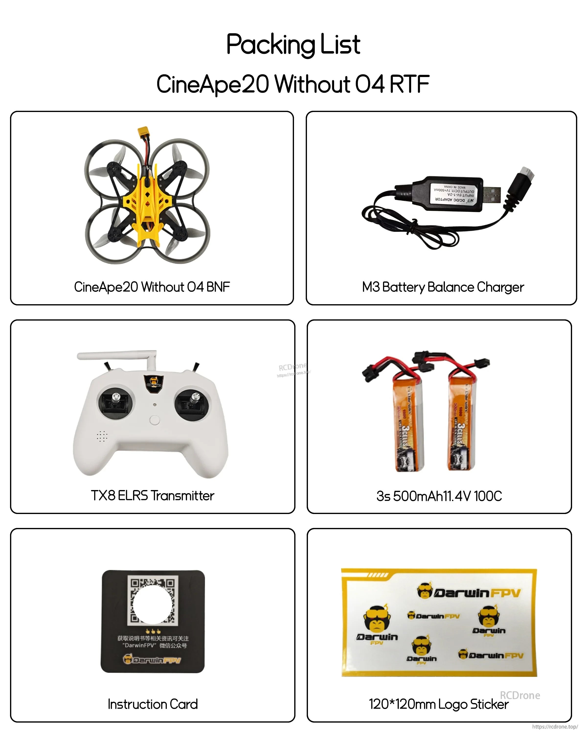 Packing list for CineApe20 Without O4 RTF: drone, TX8 ELRS transmitter, 3S batteries, charger, card, sticker