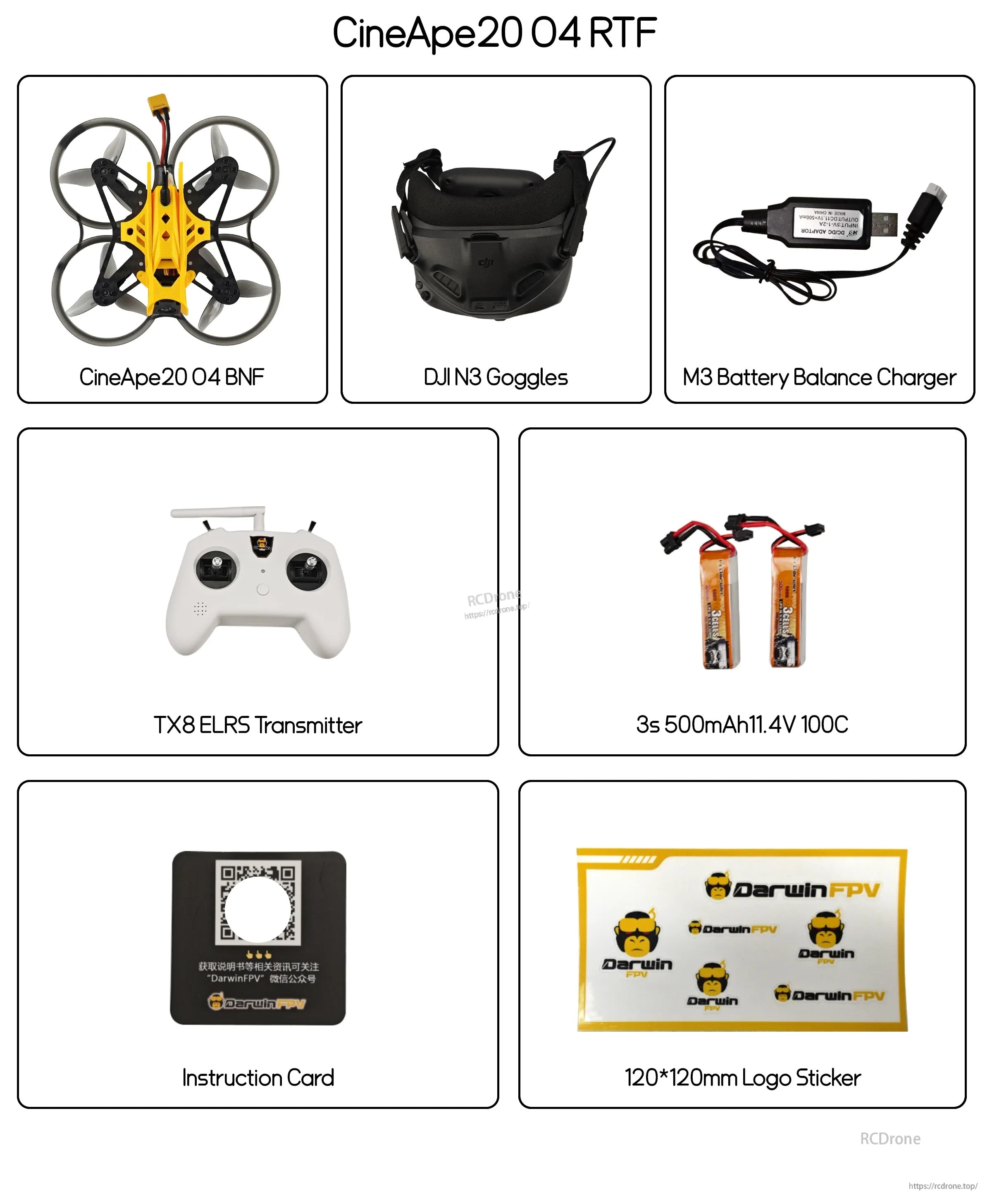 Packing list for CineApe20 O4 RTF including DJI N3 goggles, TX8 ELRS transmitter, 3S batteries and charger