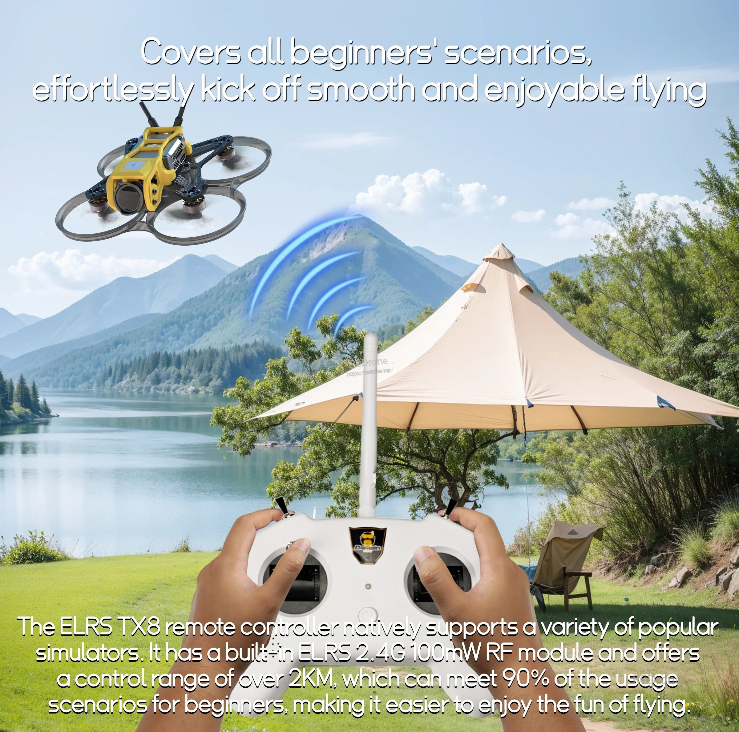 TX8 ELRS transmitter graphic showing simulator support and long-range 2.4GHz control for CineApe20