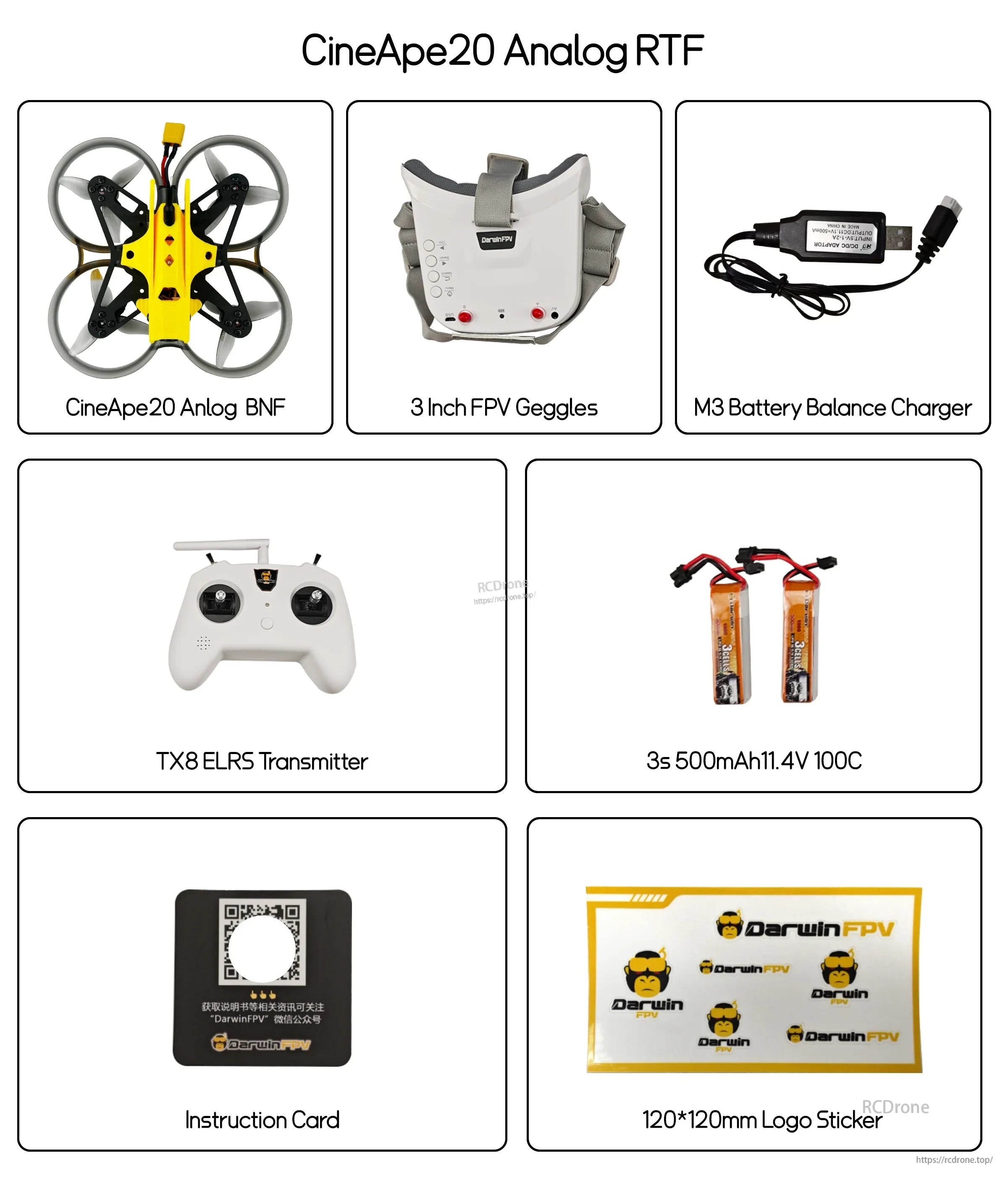 Packing list for CineApe20 Analog RTF including 3-inch FPV goggles, TX8 ELRS transmitter, batteries and charger