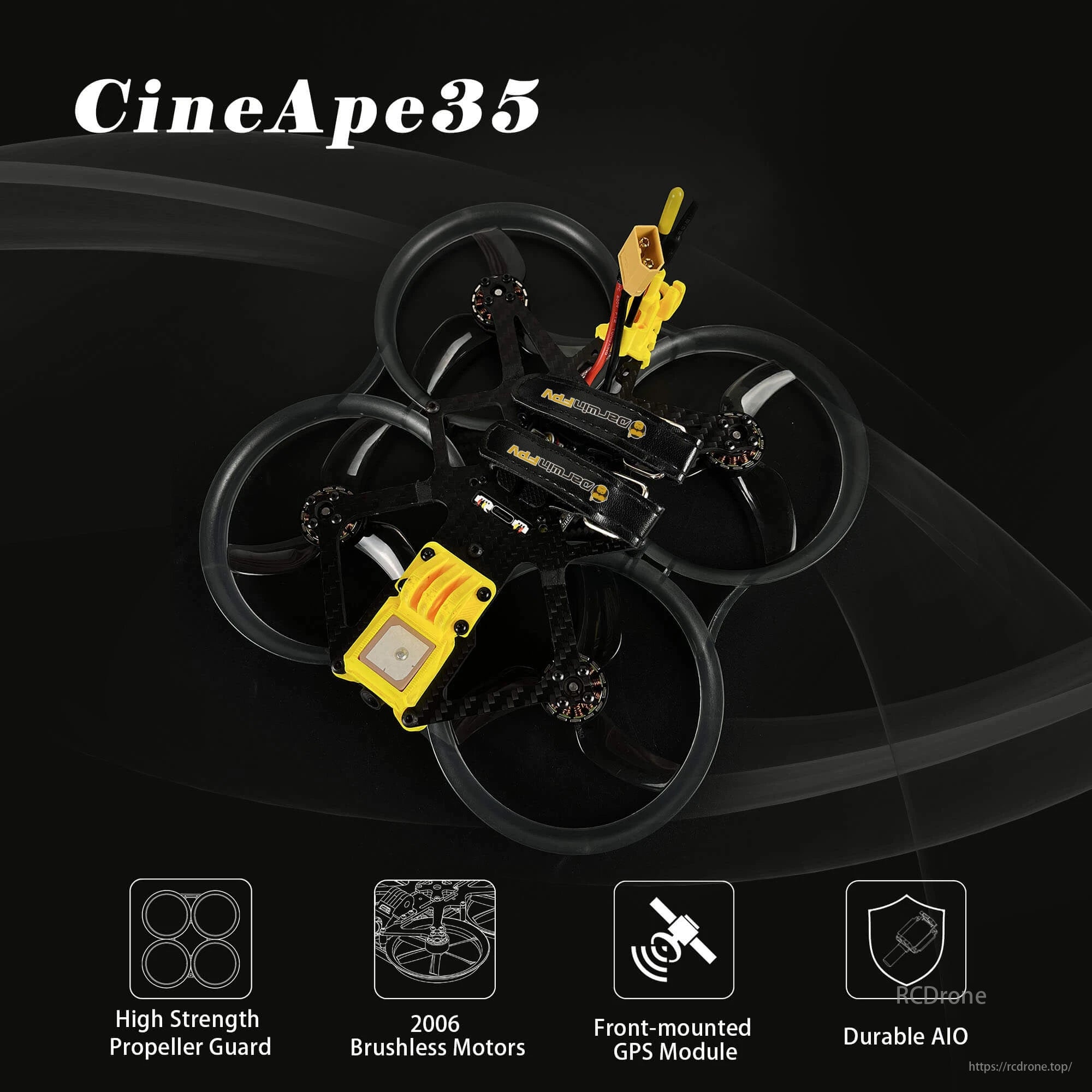 DarwinFPV, CineApe35: 3.5-inch Whoop FPV Drone with prop guards, brushless motors, GPS, and durable AIO design.