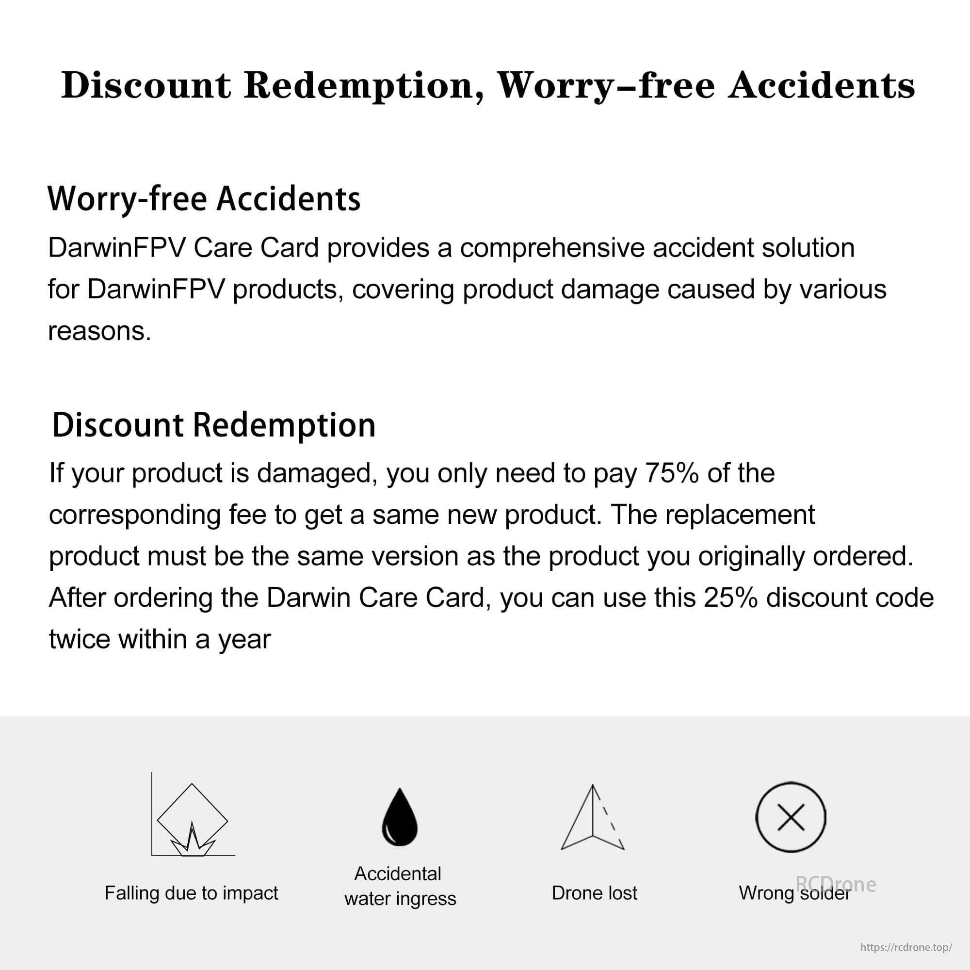DarwinFPV Care Card offers accident protection with 25% discounts twice yearly on replacements, covering impacts, water damage, lost drones, and soldering issues.