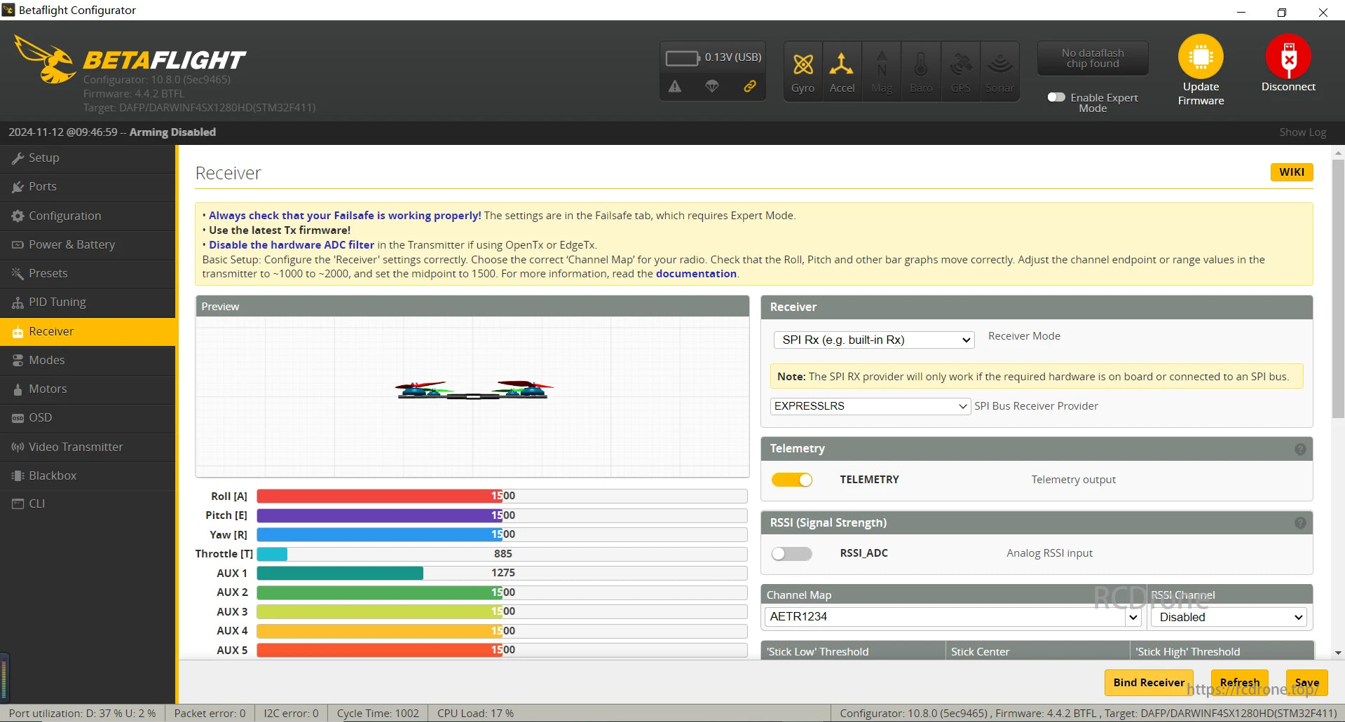 DarwinFPV, Betaflight Configurator shows FPV drone receiver settings with telemetry, RSSI, channel maps, and control bar graphs; expert mode needed for failsafe.