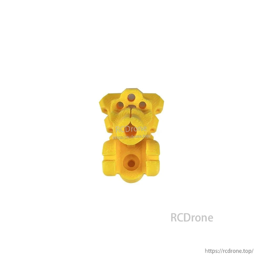 Yellow TPU mount block, front view showing center opening and multiple screw holes