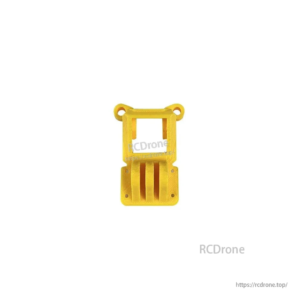 Yellow TPU camera mount bracket shown centered, same style with dual ears and slotted base