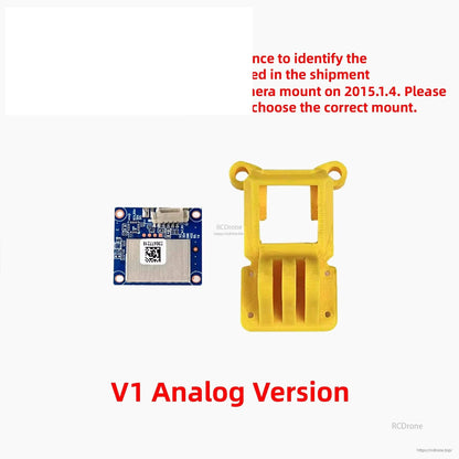 Graphic showing V1 Analog Version camera mount identification with yellow TPU mount and small board image