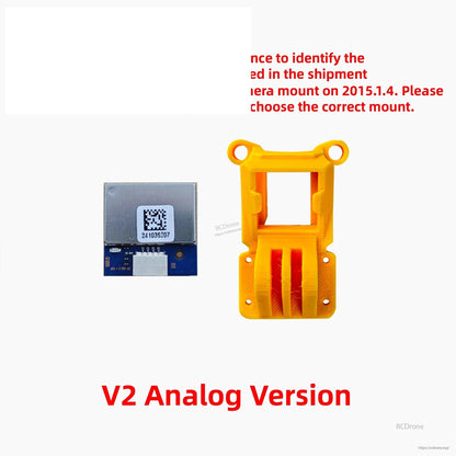 Graphic showing V2 Analog Version camera mount identification with orange/yellow TPU mount and module image