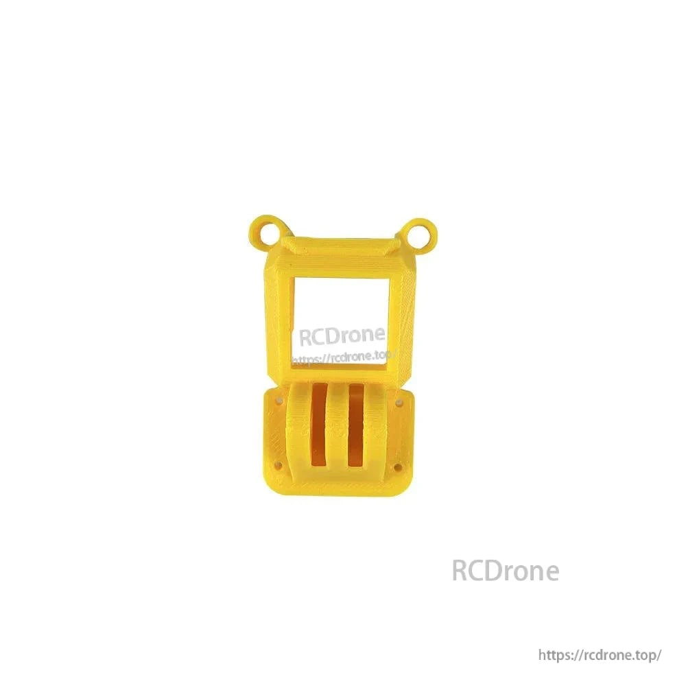 Yellow TPU camera mount bracket close-up, enlarged view of opening and slotted base