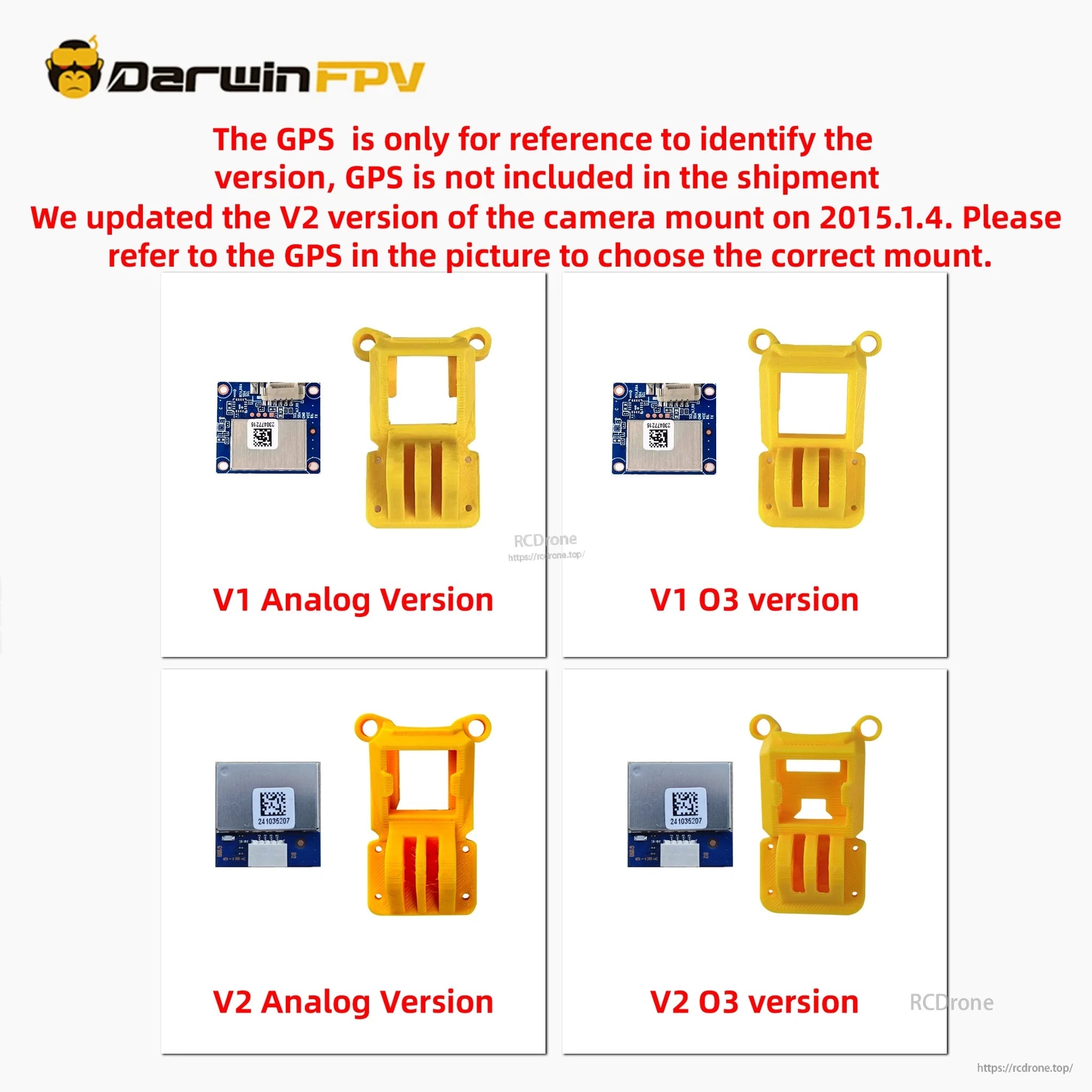 CineApe35 camera mount versions (V1/V2) for Analog/Wasp and O3 builds; GPS module used only for reference