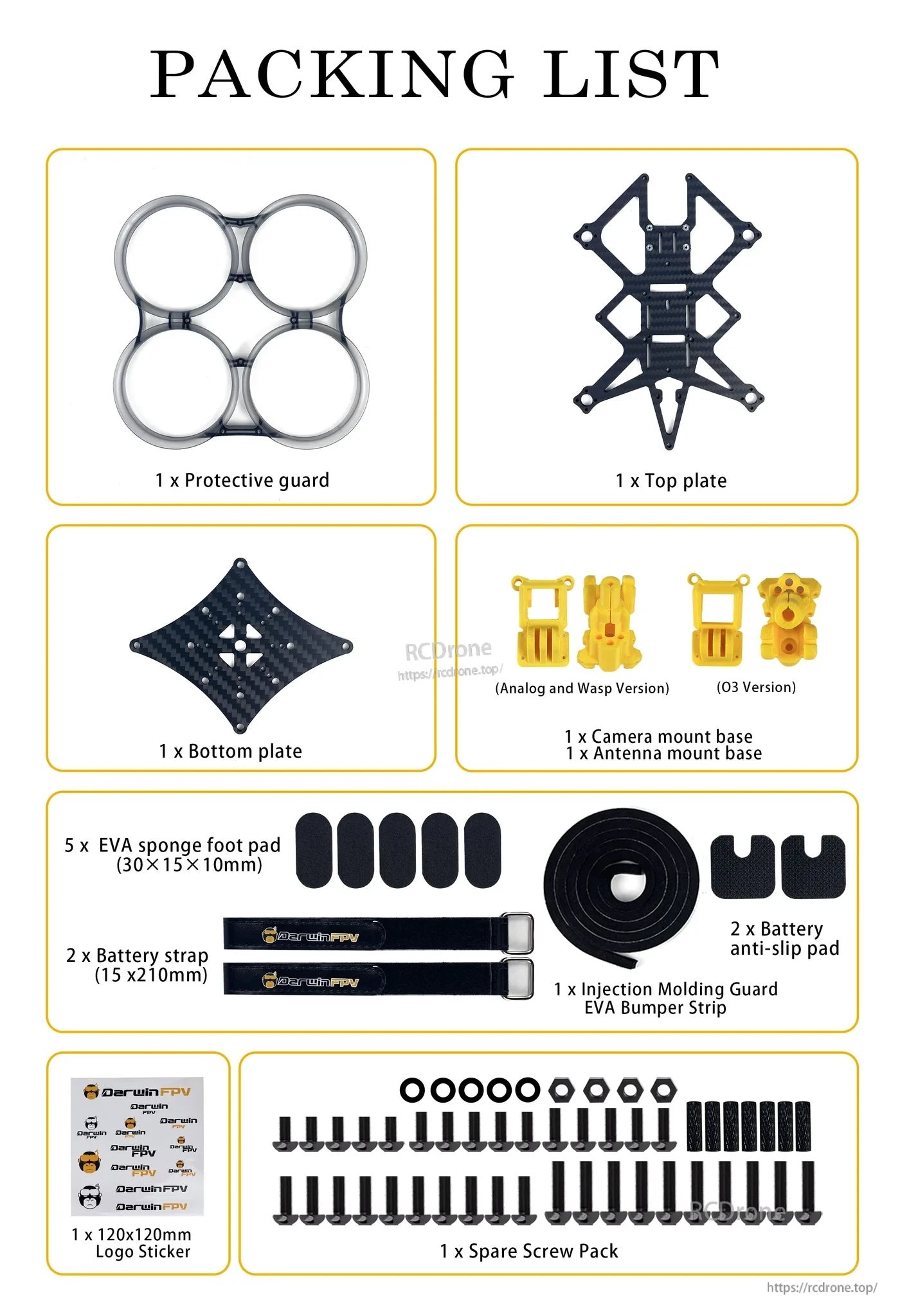 CineApe35 FPV frame packing list: top/bottom plates, protective guard, injection molding guard, straps, pads, screws