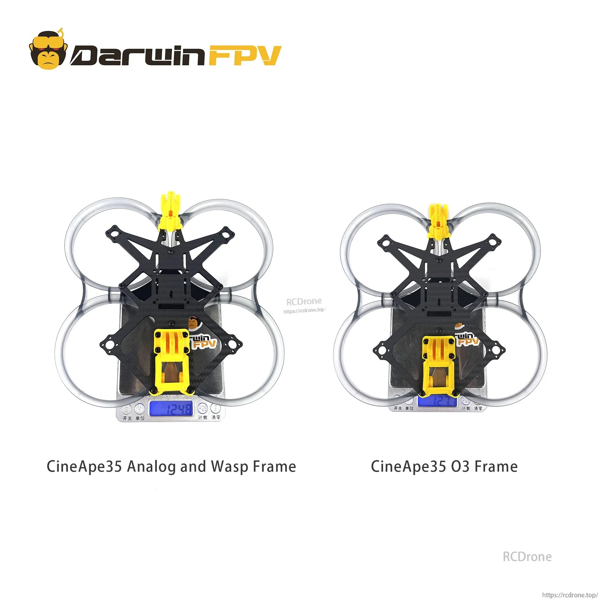 Top-down comparison of CineApe35 Analog/Wasp frame and CineApe35 O3 frame layout with full prop guards
