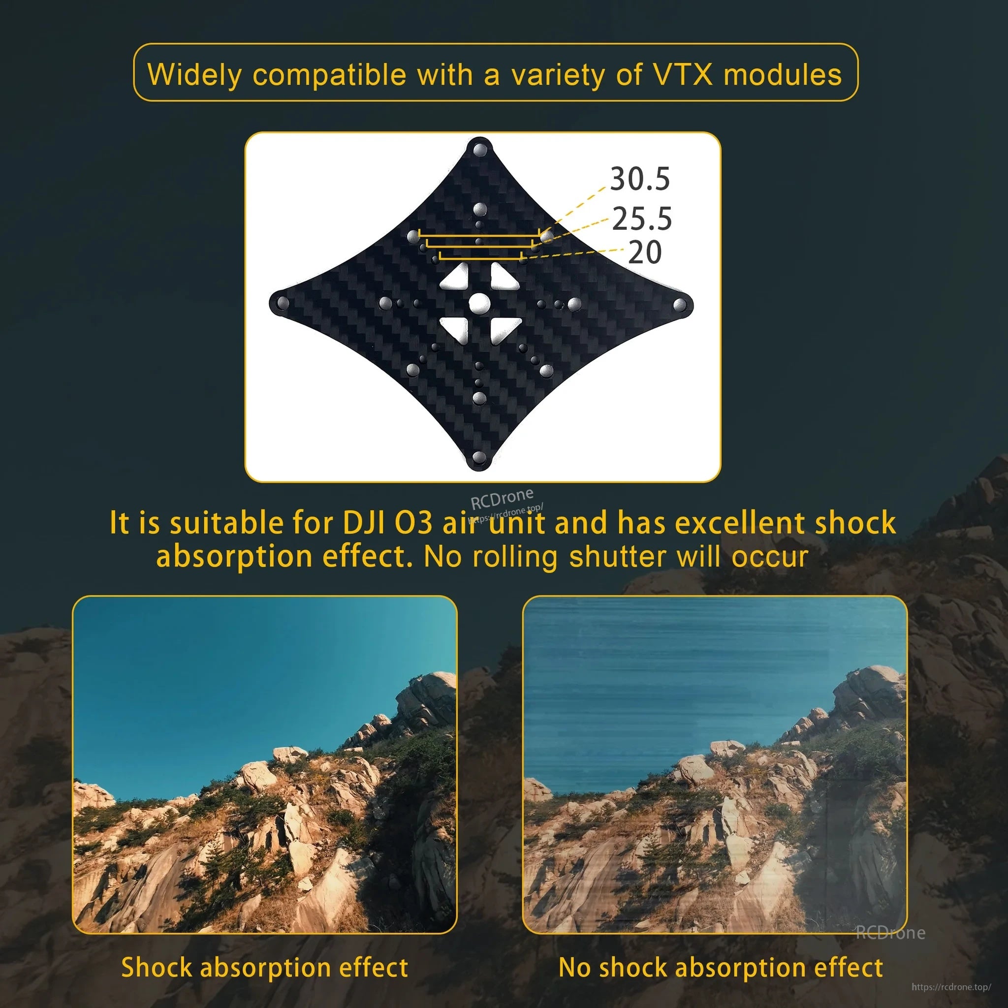 Carbon top plate with 20/25.5/30.5 mm VTX mounting pattern and shock-absorbing setup for DJI O3
