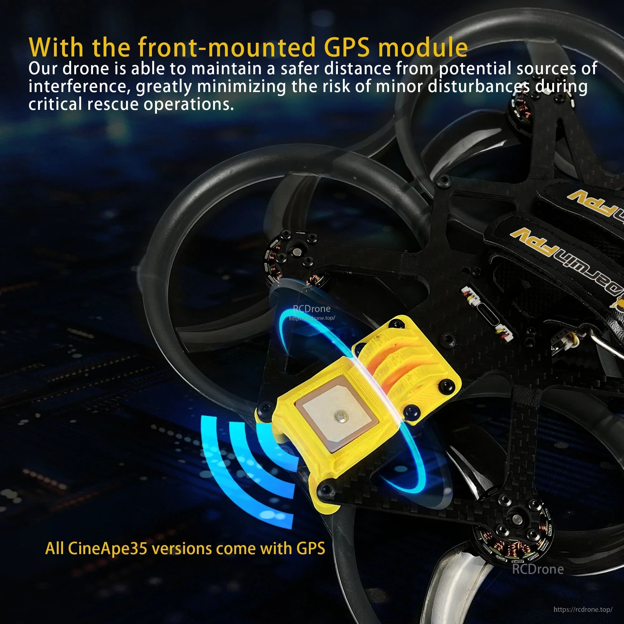 Front GPS module mounting position on CineApe35 frame to keep the module away from interference sources (GPS not included)