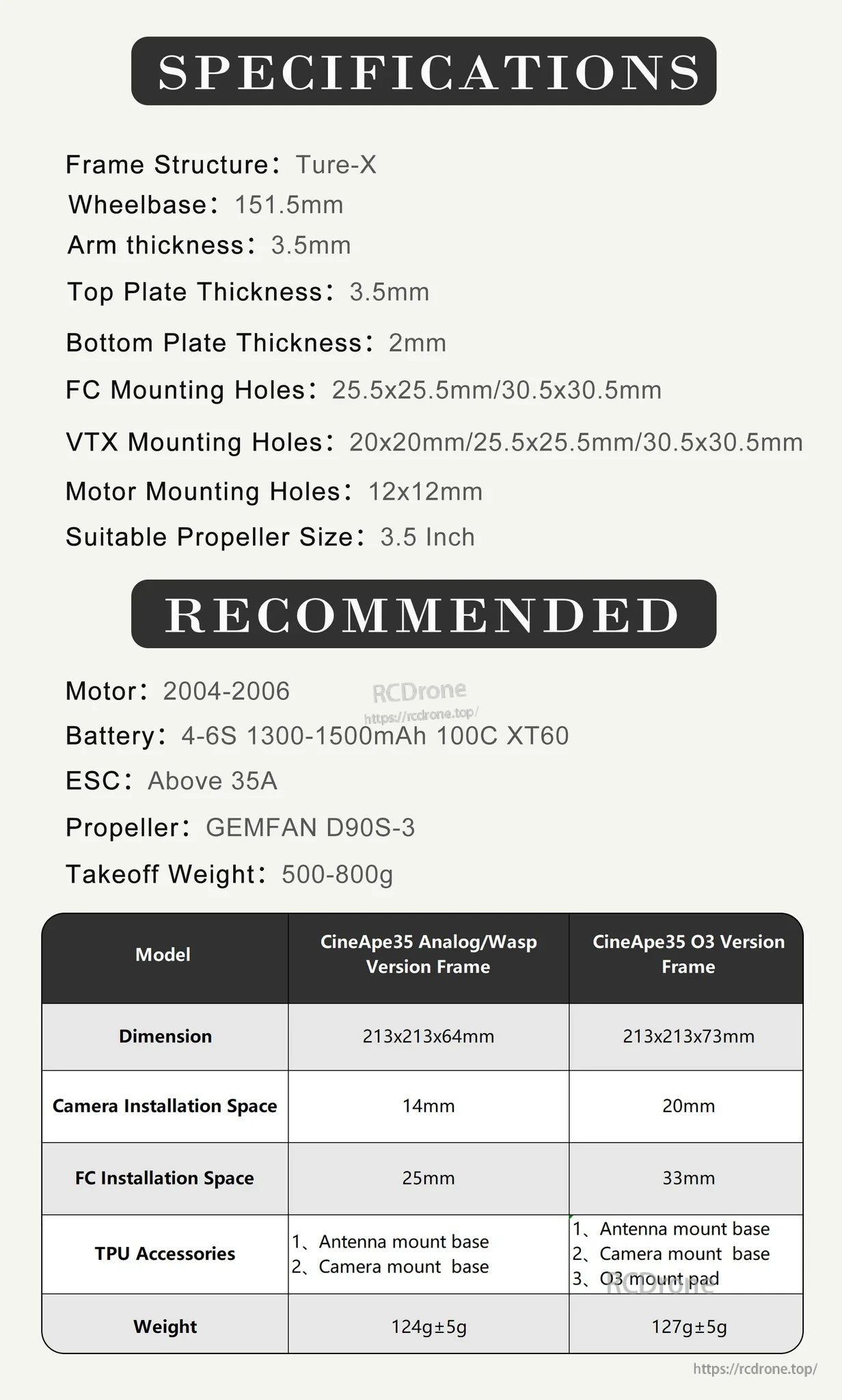 DarwinFPV CineApe35 frame specifications chart: True-X, 151.5 mm wheelbase, 3.5 mm arms, mounting patterns