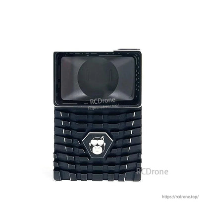 Close-up front of case showing lens window, textured protective shell and logo badge