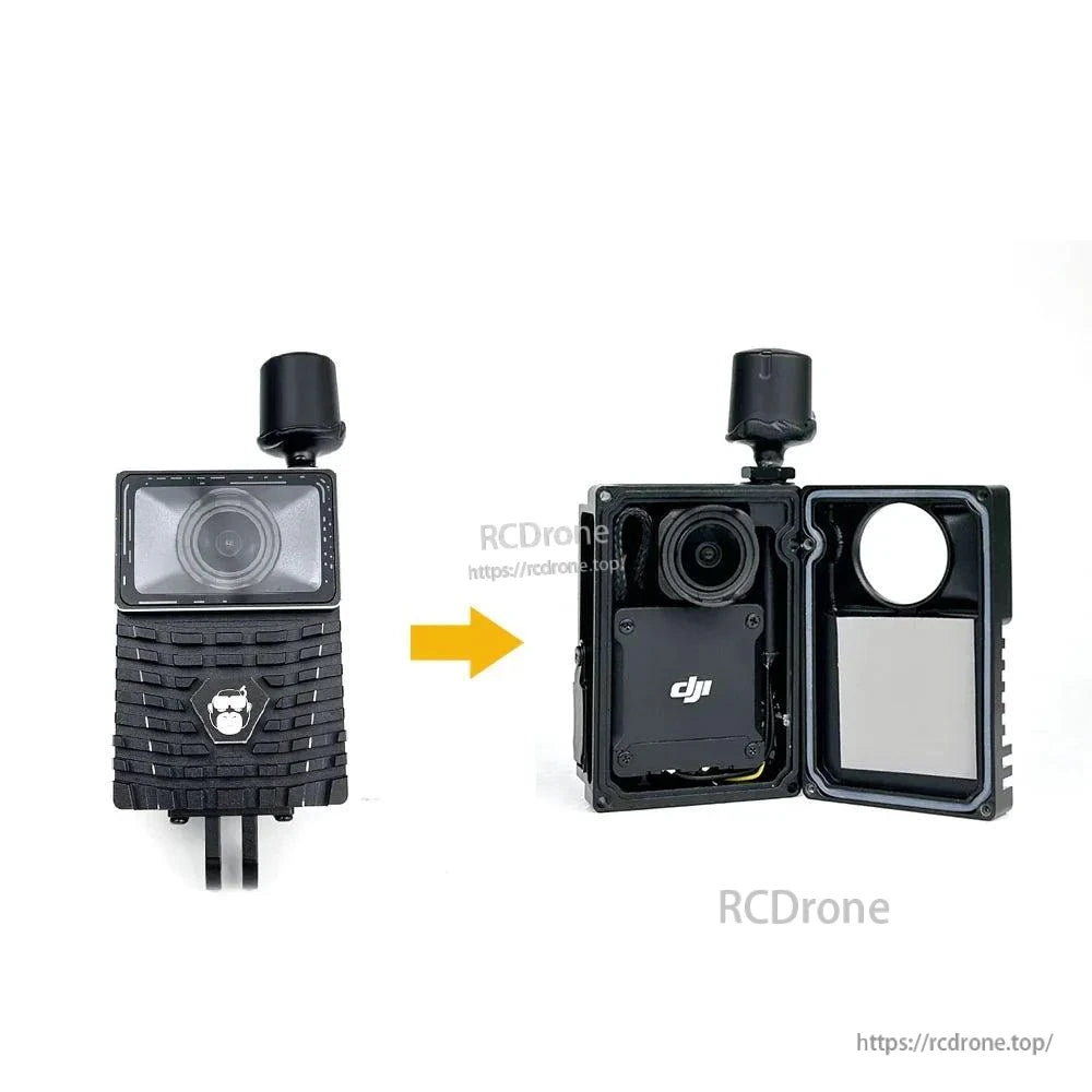 Before-and-after view showing closed case and opened case with DJI O3 Air Unit installed inside