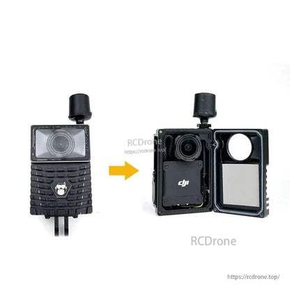Before-and-after view showing closed case and opened case with DJI O3 Air Unit installed inside