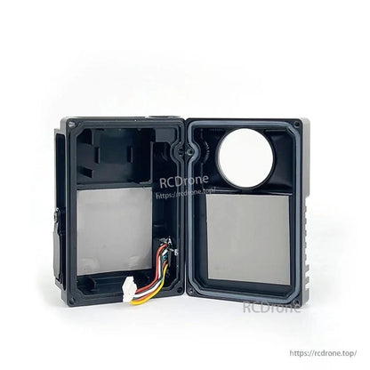 Empty waterproof case opened, showing interior compartments and cable lead without air unit installed