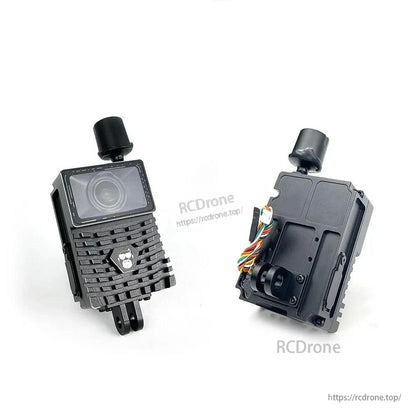 Two-angle set showing front of assembled case and rear view with mounting bracket and wiring