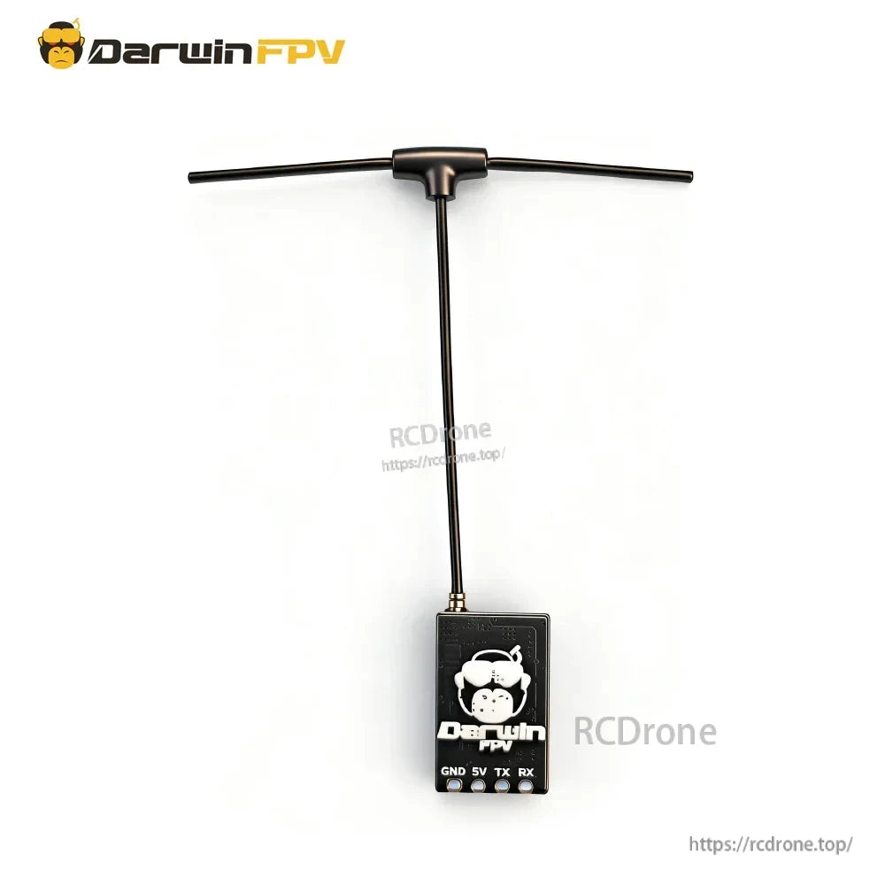 Back side of nano receiver showing DarwinFPV logo and pin labels GND 5V TX RX