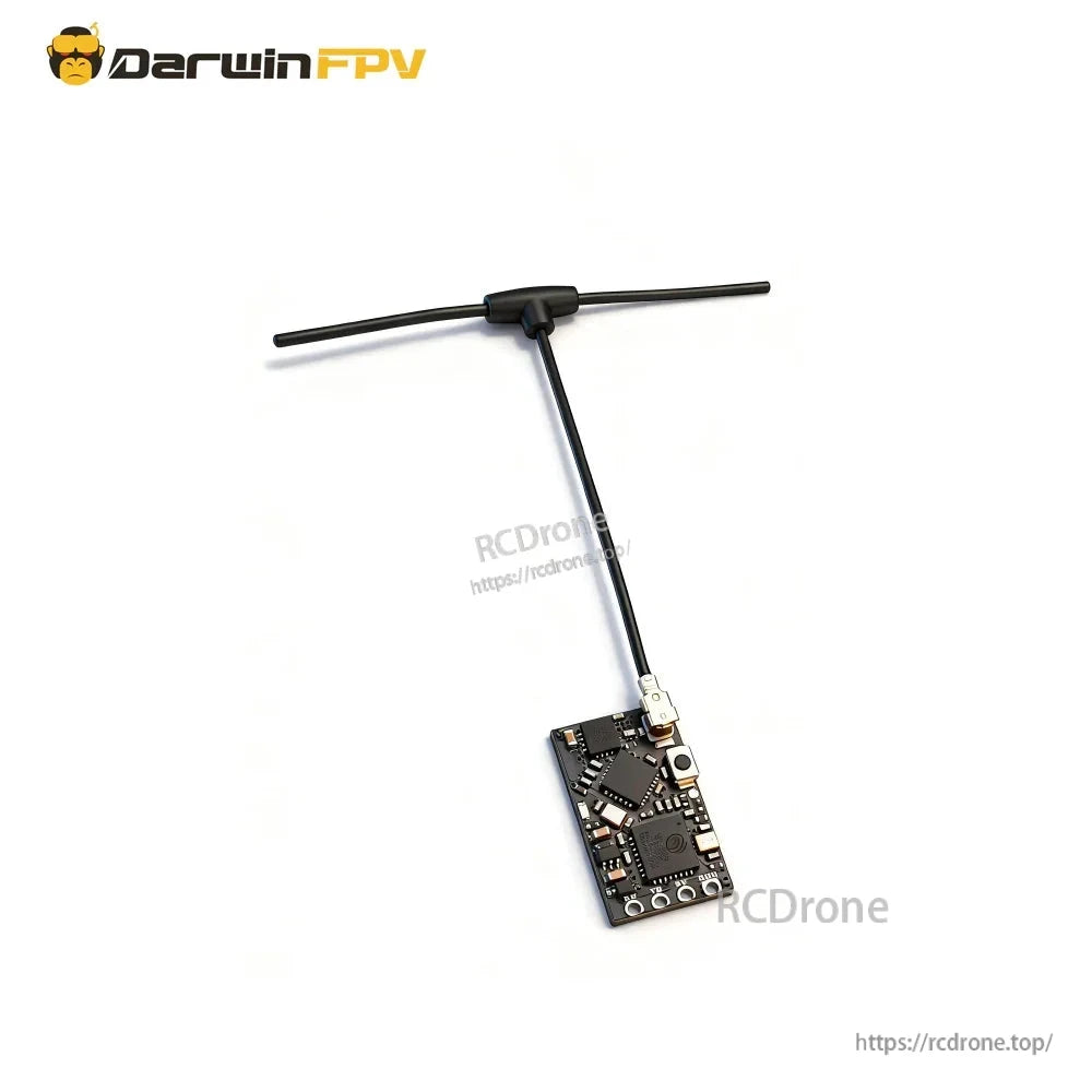 Angled view of ELRS 2.4G nano receiver PCB with attached T antenna on white background