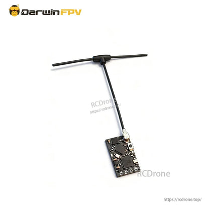 Angled view of ELRS 2.4G nano receiver PCB with attached T antenna on white background