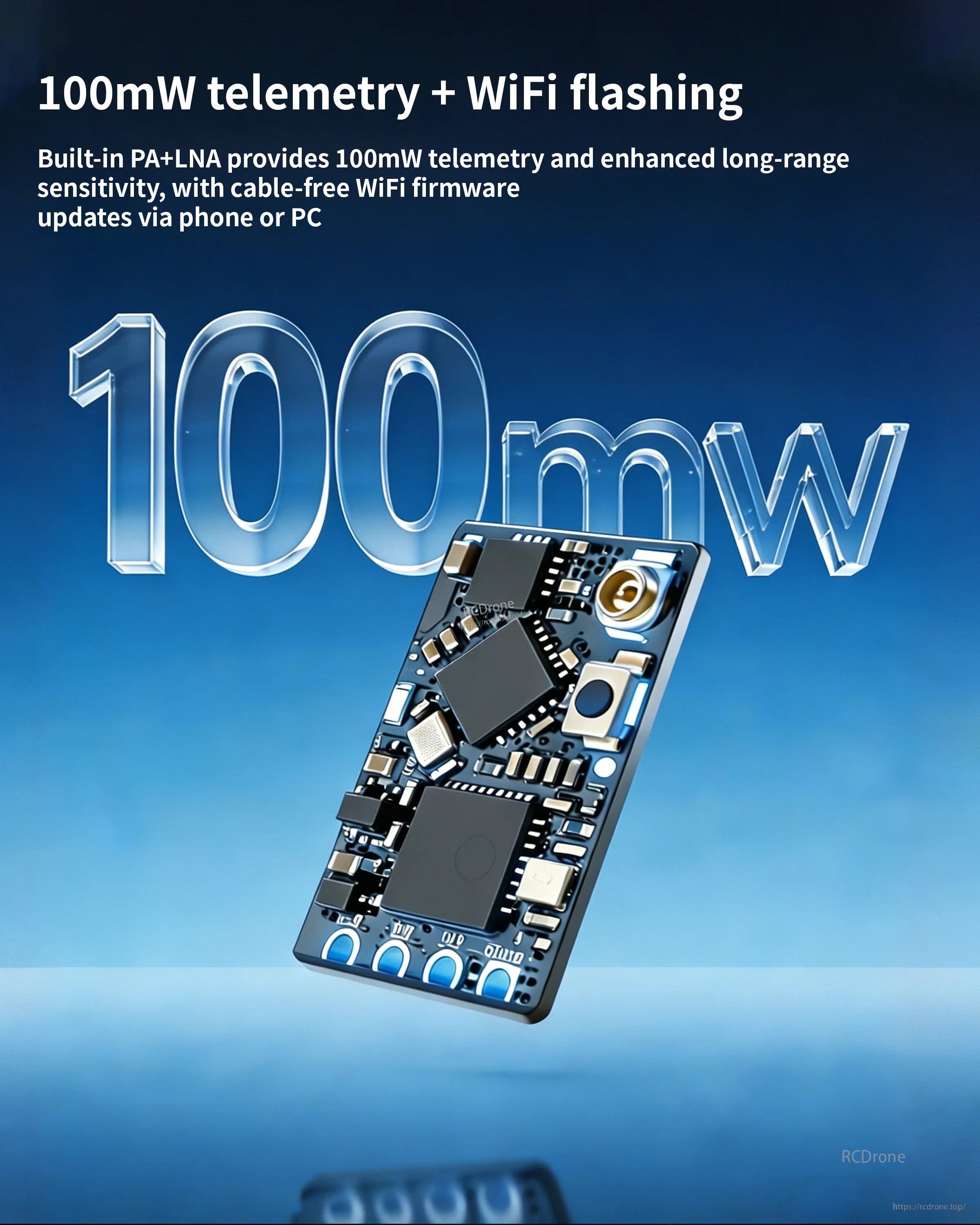DarwinFPV ELRS 2.4G Nano Receiver graphic highlighting 100mW telemetry output and cable-free WiFi firmware flashing