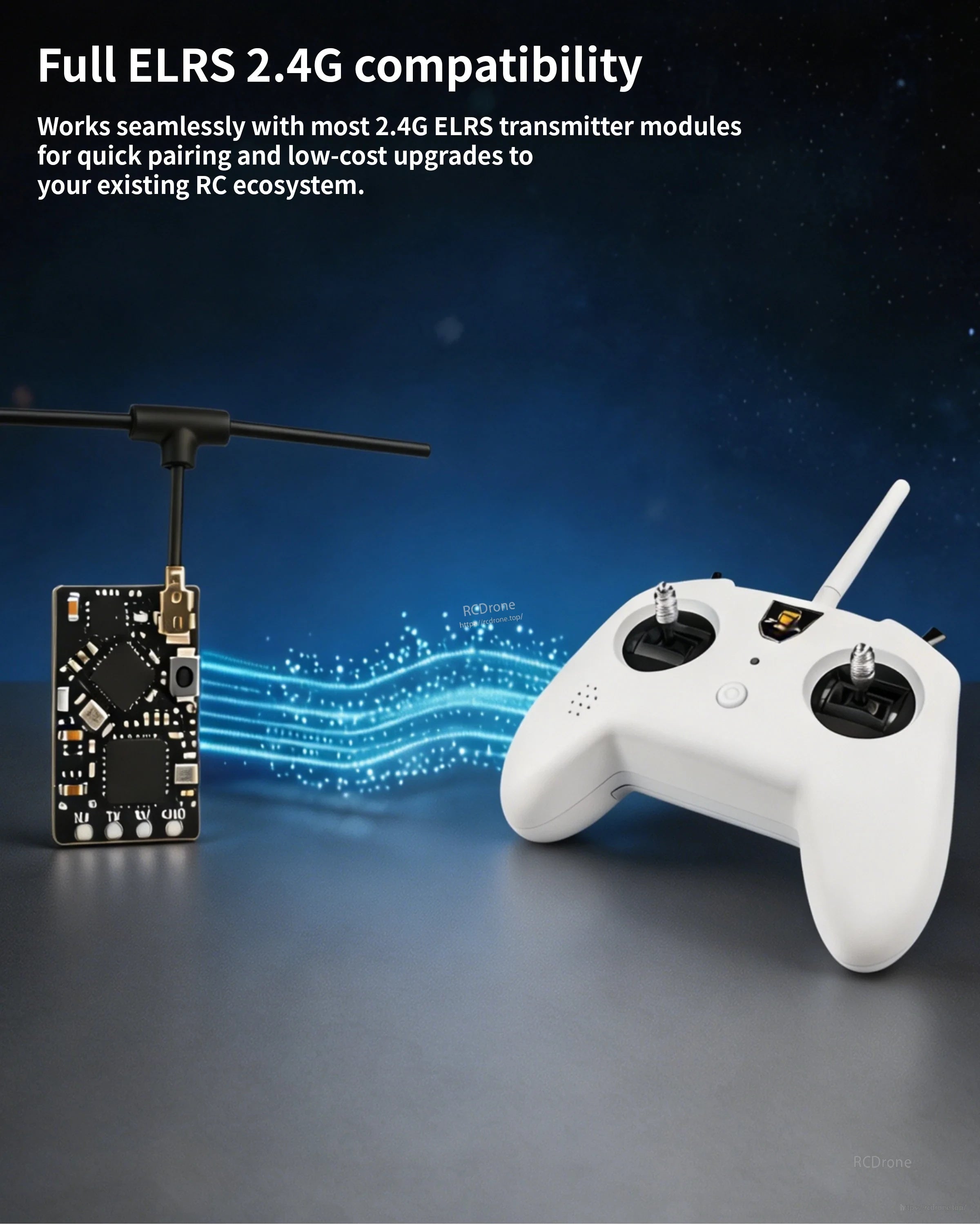 ELRS 2.4GHz nano receiver next to a radio controller indicating compatibility with 2.4G ELRS transmitter modules