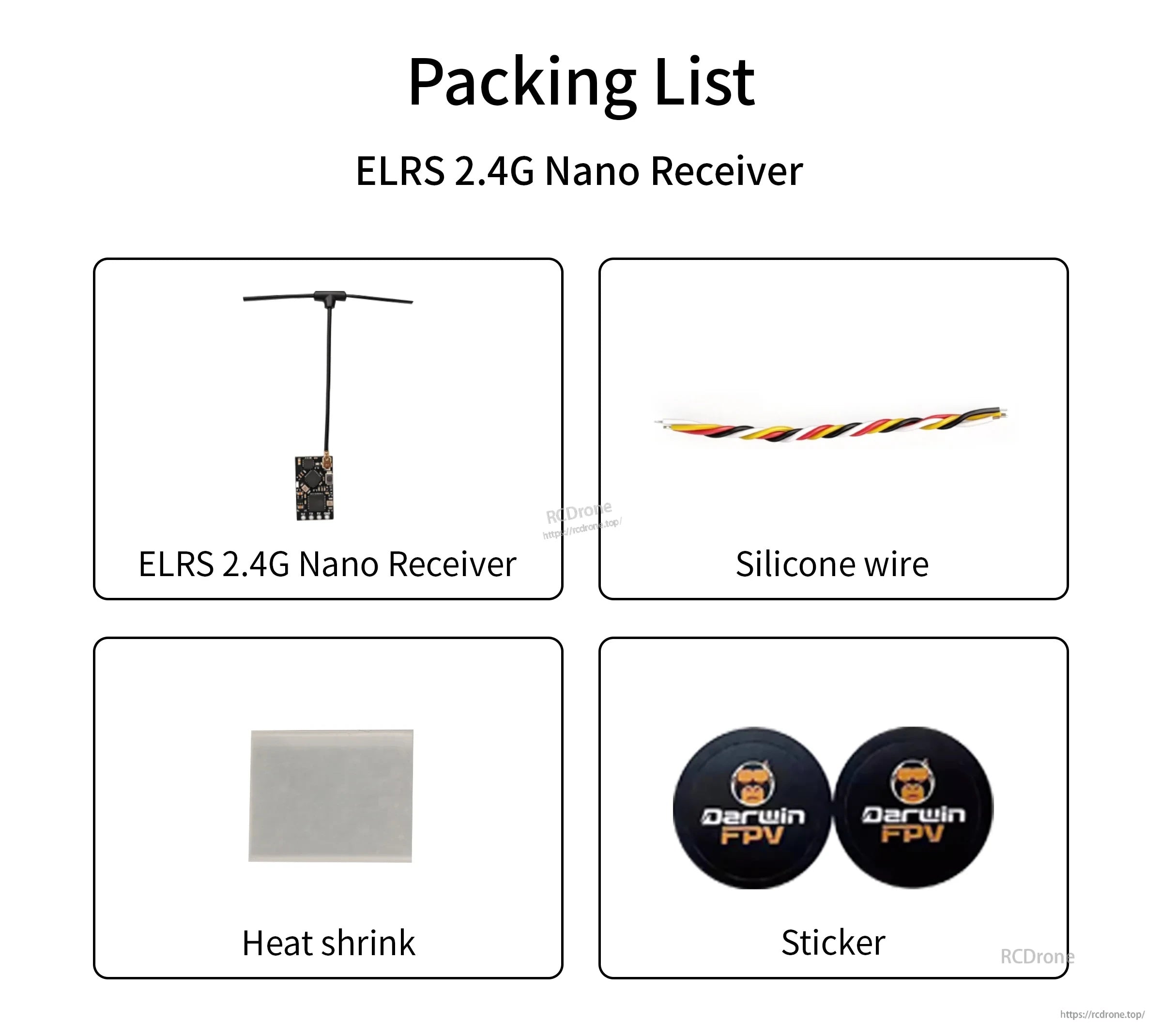 Packing list: ELRS 2.4G nano receiver, silicone wire, heat shrink, and stickers included