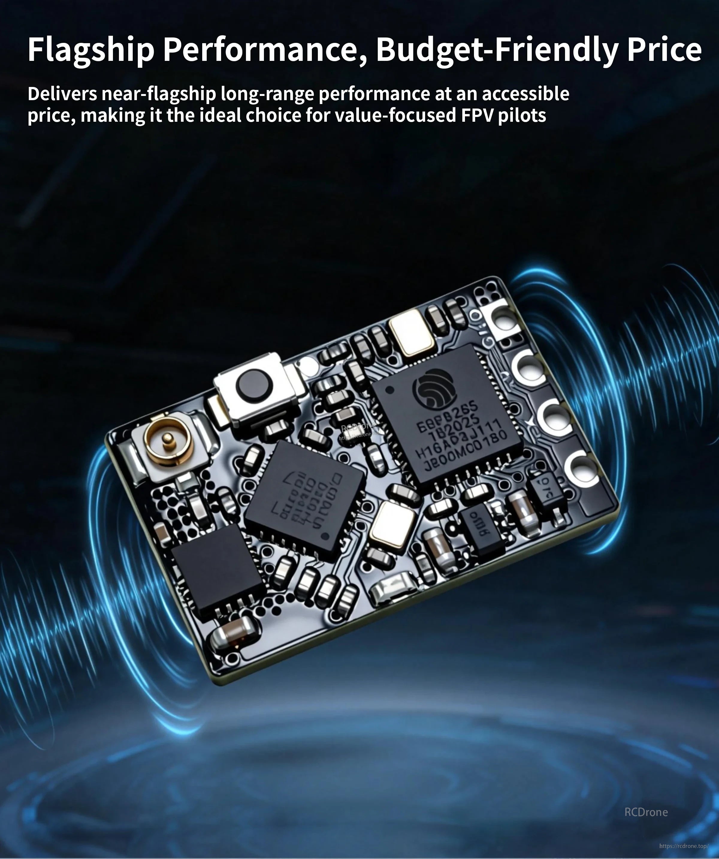 Close-up of the ELRS 2.4GHz nano receiver PCB with U.FL antenna connector and CRSF pads