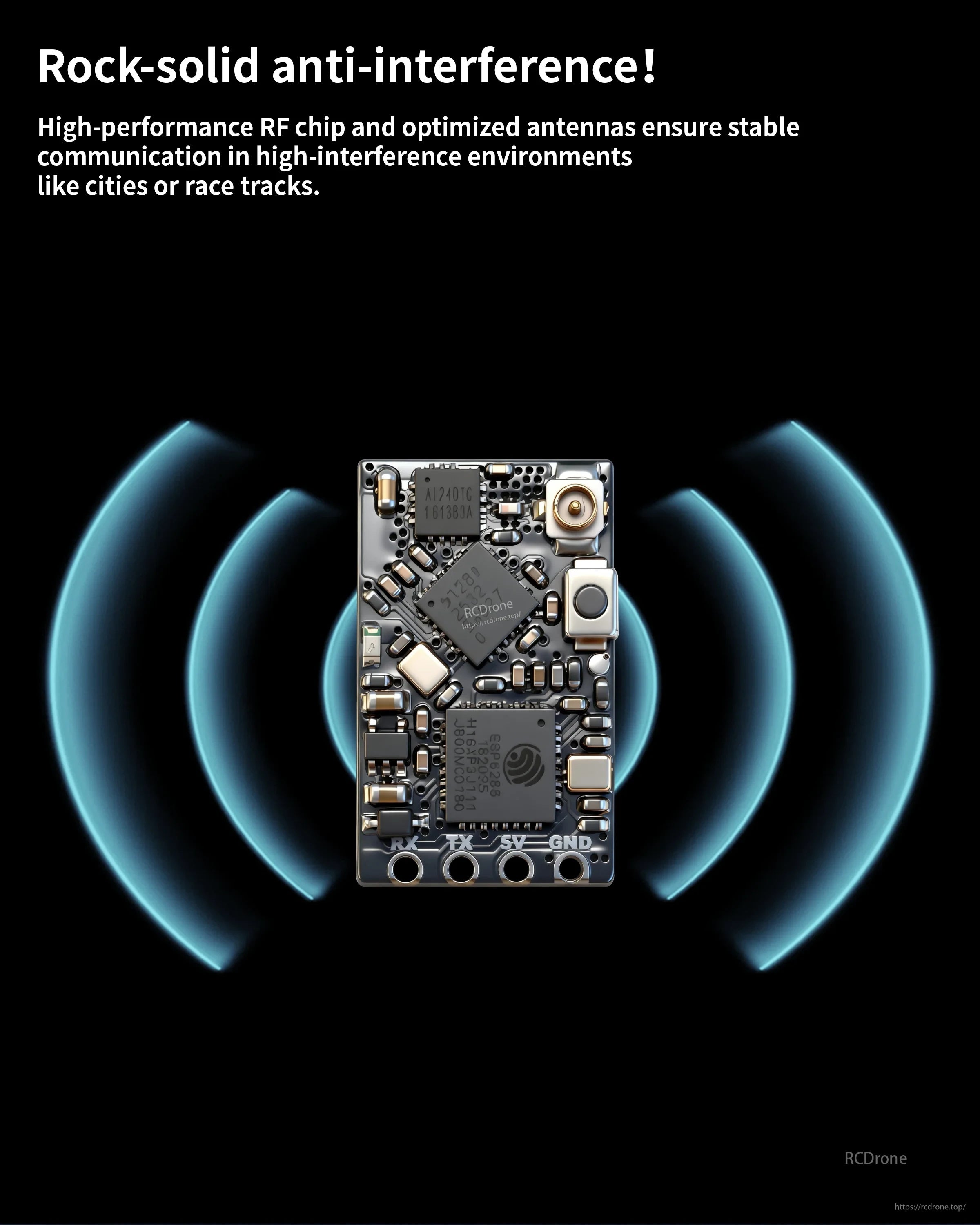 Receiver board centered with RF wave graphic emphasizing stable signal and anti-interference performance