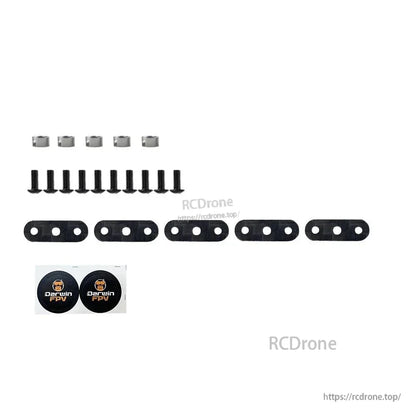 Accessory parts layout: screws, spacers, five mounting plates and two DarwinFPV stickers (watermarked)
