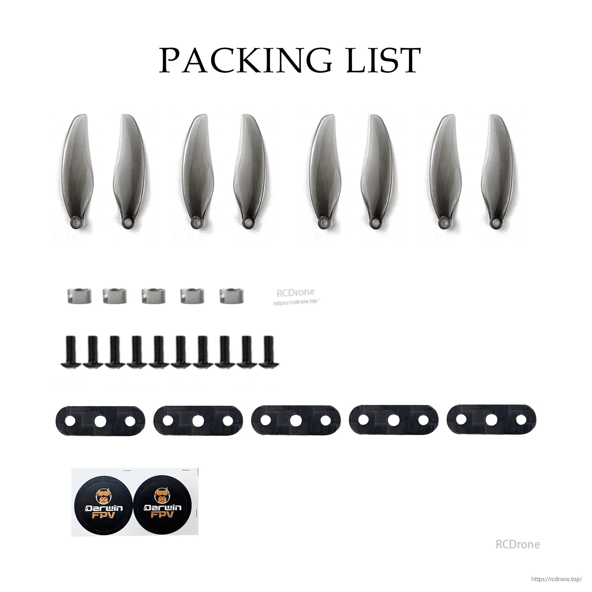 Packing list for DarwinFPV F4019-2 folding propeller set: 2CW+2CCW blades, screws, clips, bushings, stickers
