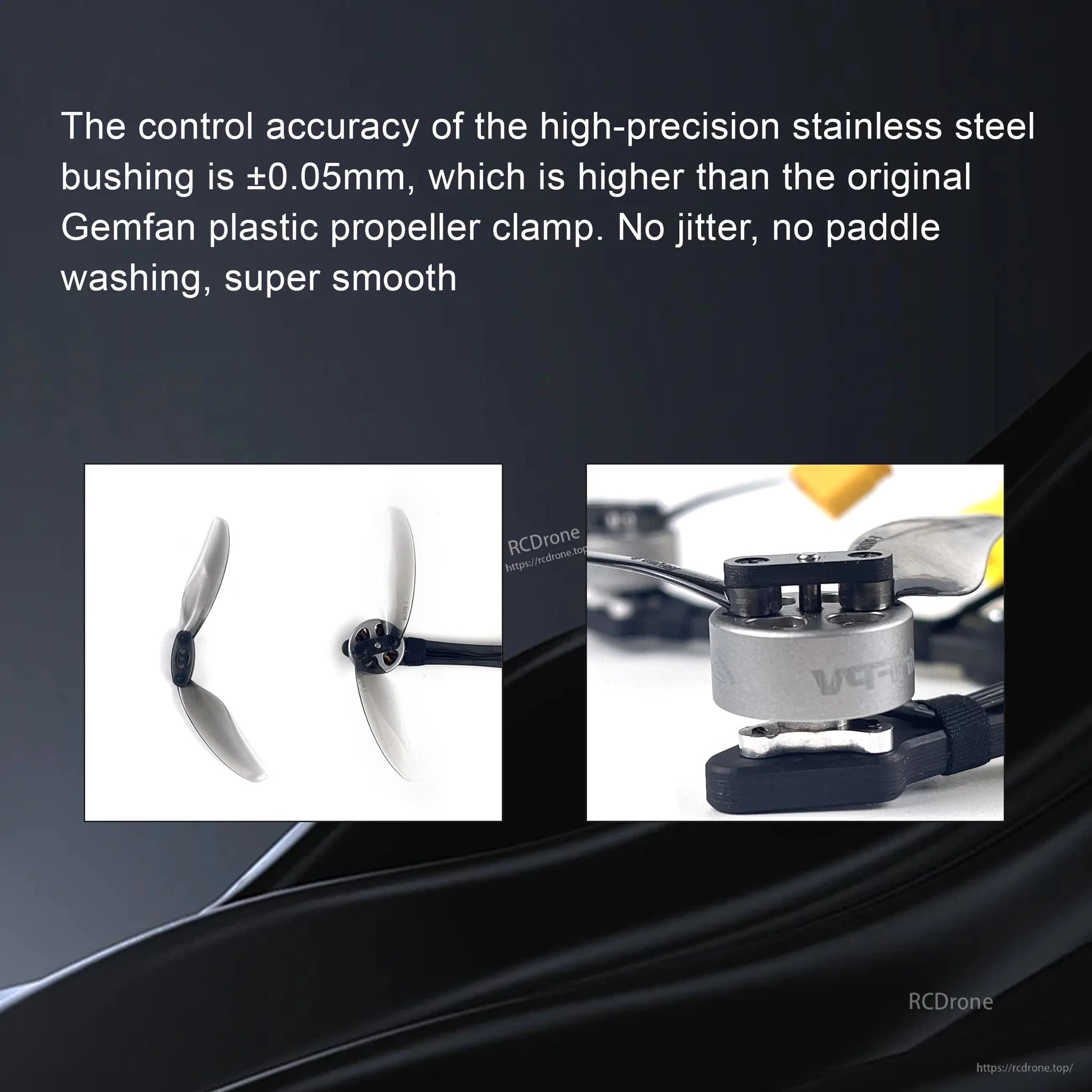 Graphic highlighting the high-precision stainless steel bushing (±0.05 mm) for smoother, lower-vibration rotation