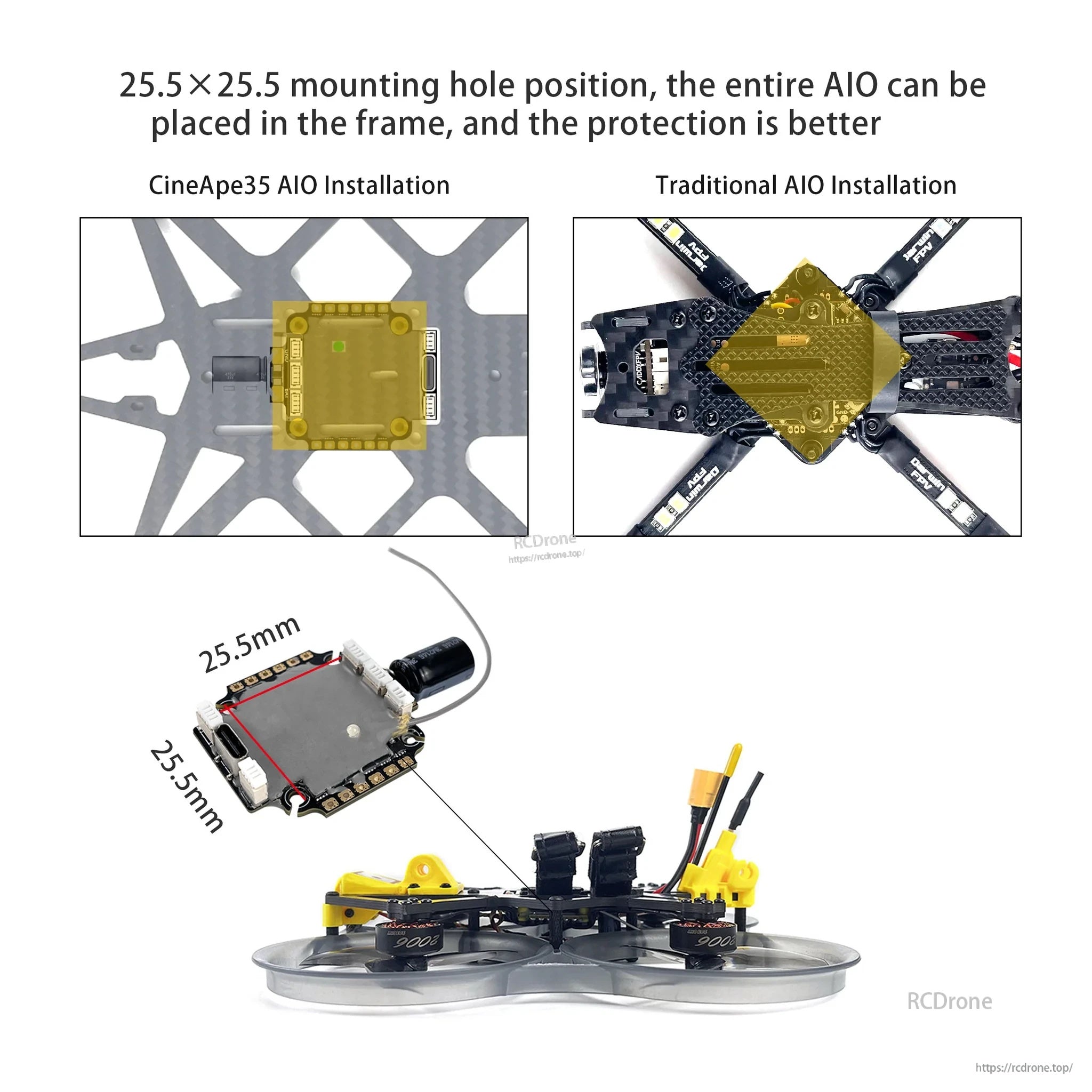 DarwinFPV F411 45A ELRS AIO mounted on 25.5×25.5mm pattern, designed to sit fully inside the frame