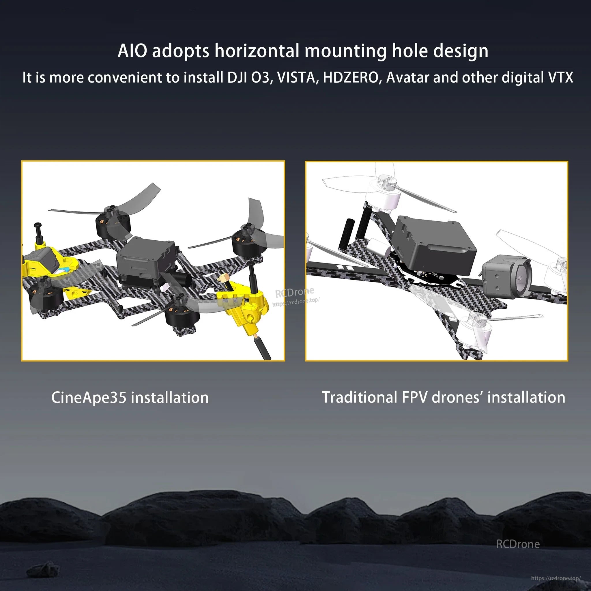 Horizontal mounting-hole layout for easier digital VTX installs (DJI O3, Vista, HDZero, Avatar) on compact builds