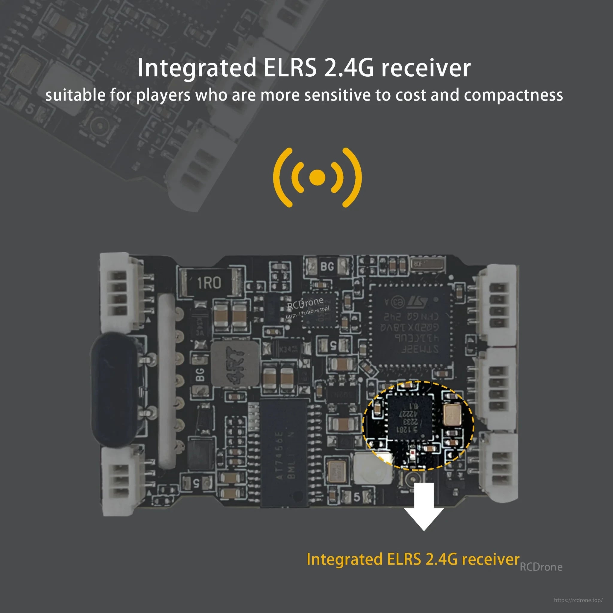 Close-up of FC board with integrated SPI ELRS 2.4GHz receiver area highlighted