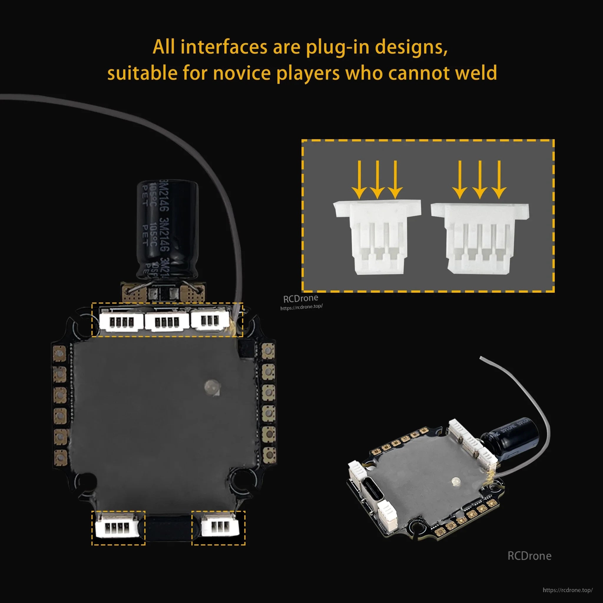 Plug-in connector layout on the AIO board, emphasizing solder-free wiring interfaces