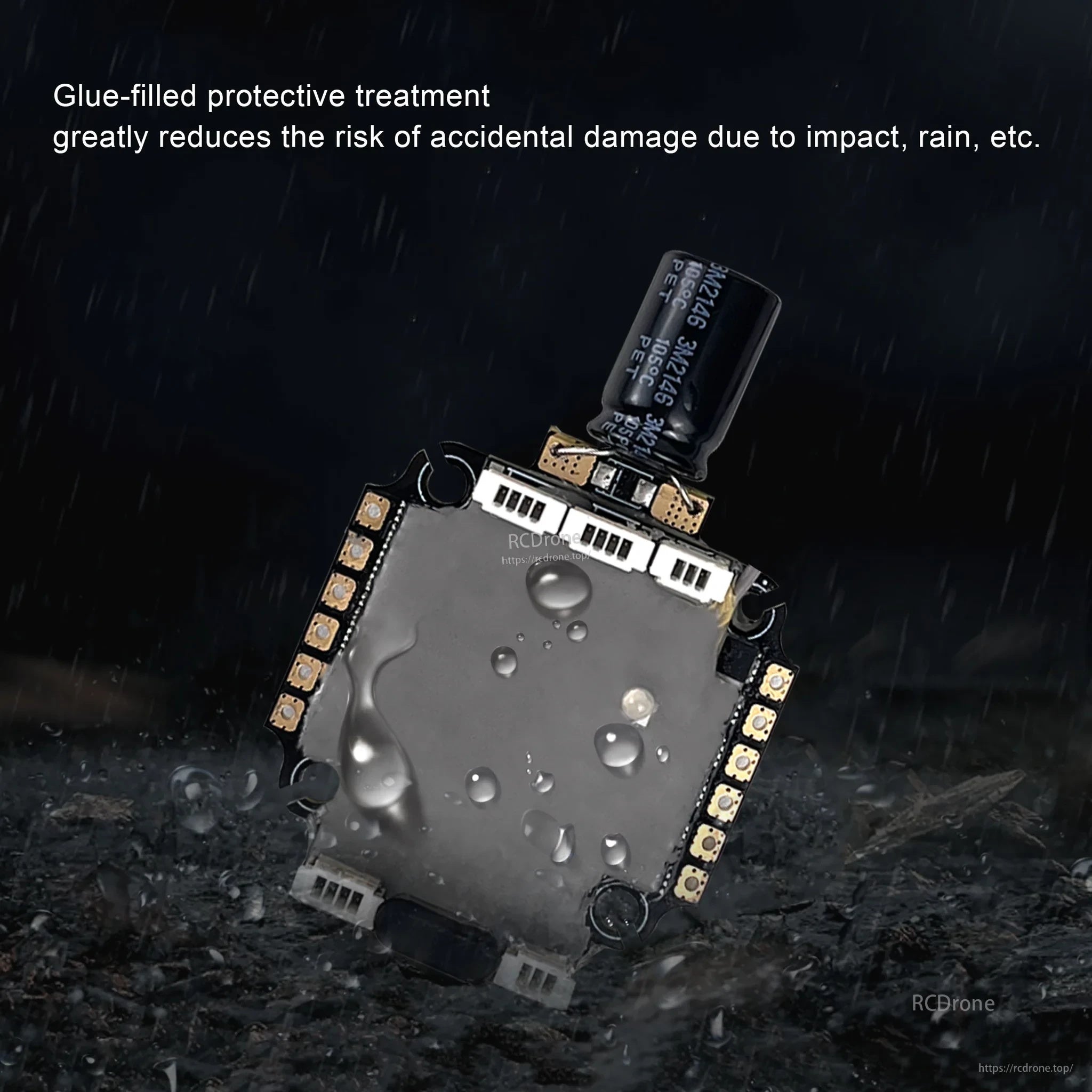 Glue-filled protective coating on the AIO board with water droplets to indicate added impact and splash protection