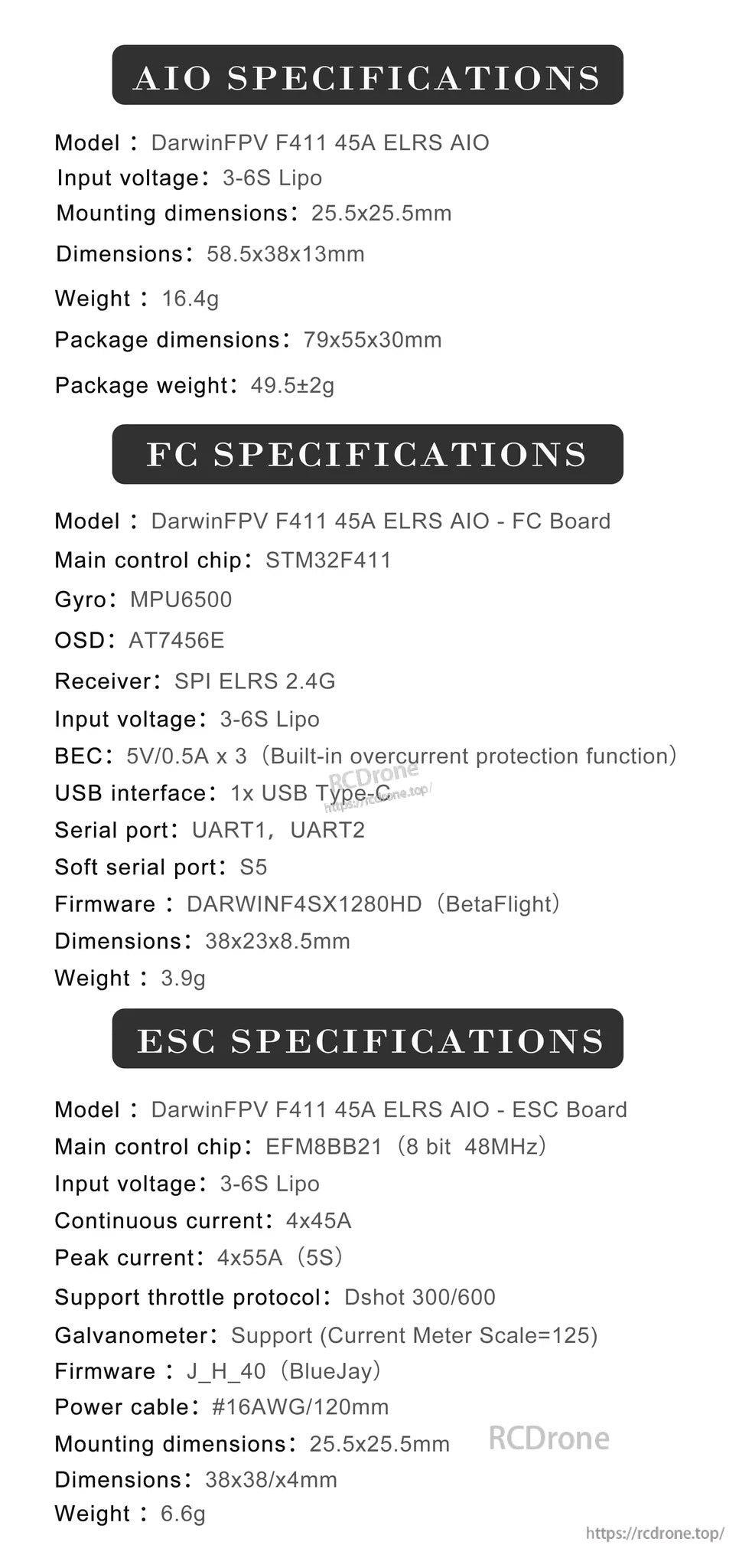 Specification table for DarwinFPV F411 45A ELRS AIO: 3–6S input, 25.5×25.5mm mount, USB-C, BlueJay ESC