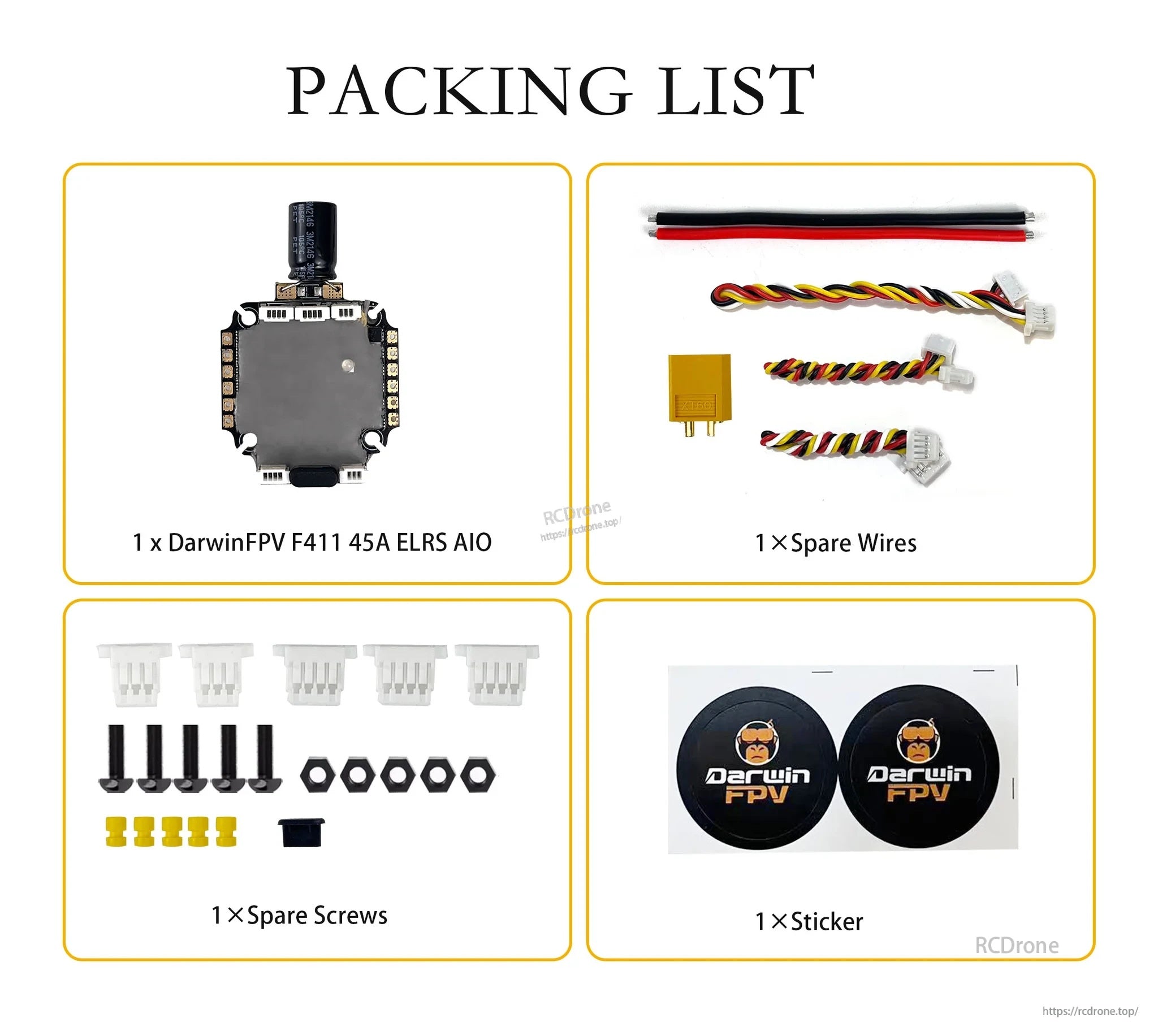Packing list showing DarwinFPV F411 45A ELRS AIO board plus spare wires, screws, and stickers
