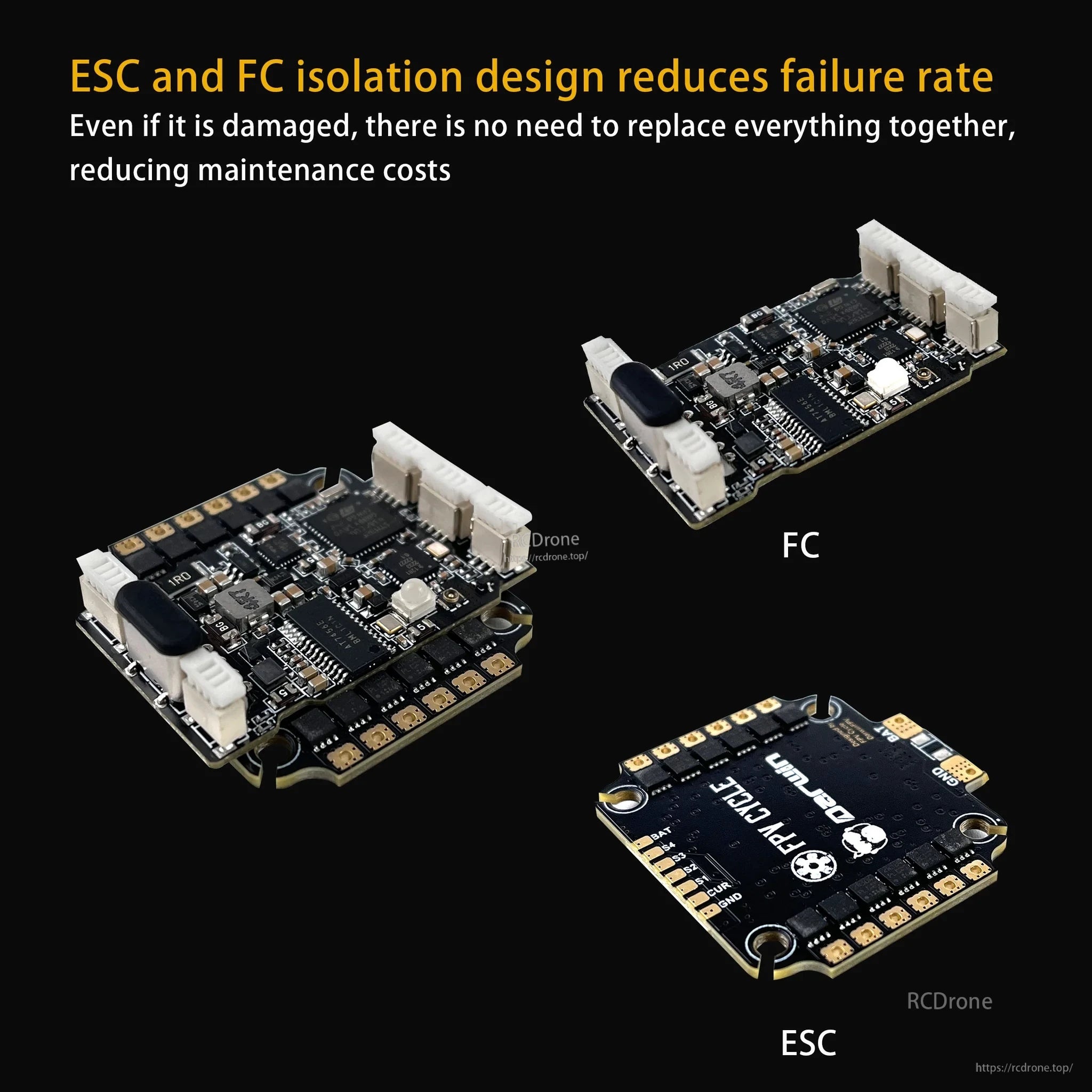 Separated FC and ESC boards for the DarwinFPV F411 45A AIO stack, highlighting isolation design